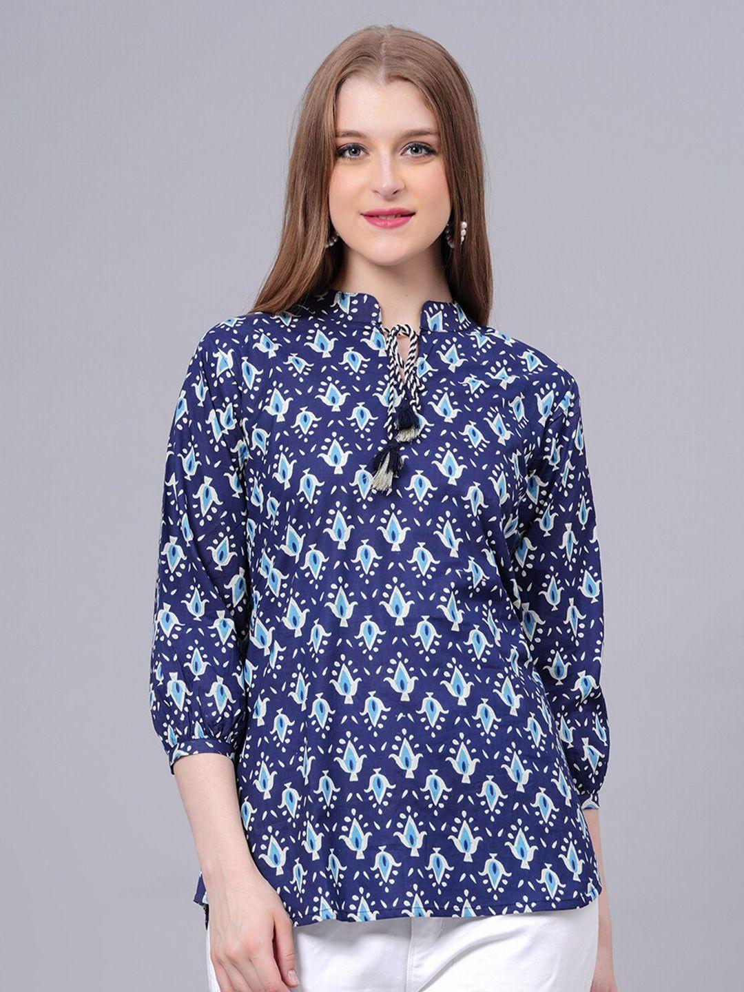 highlight-fashion-export-floral-printed-tie-up-neck-cuffed-sleeves-cotton-a-line-top