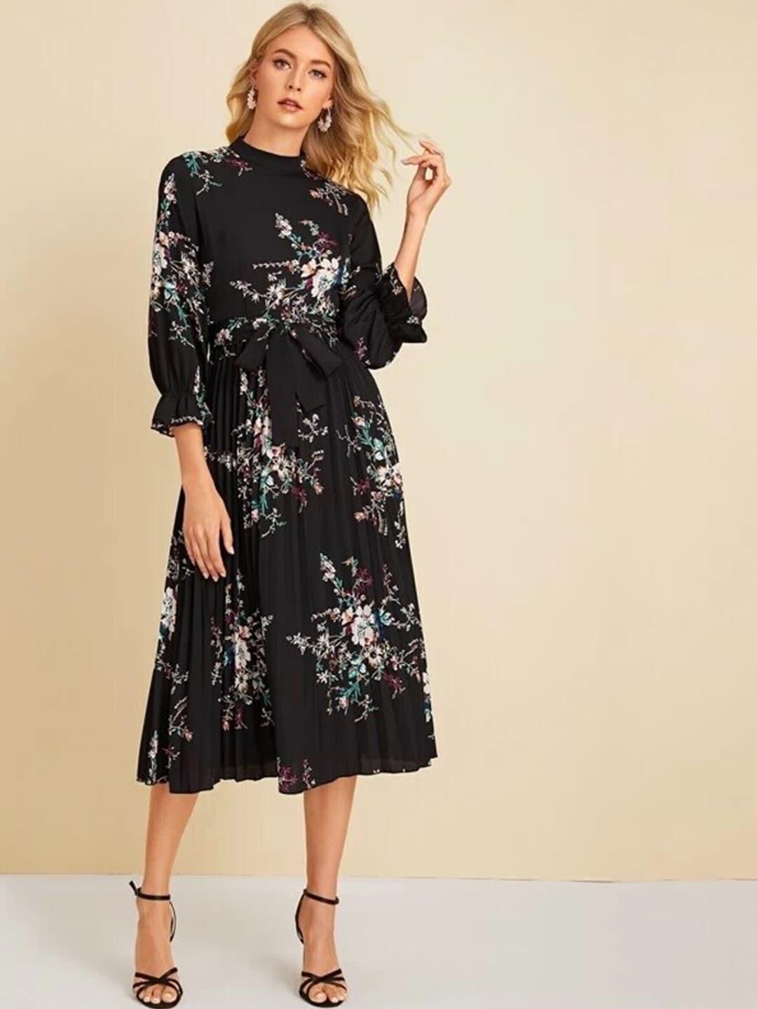 slyck-floral-printed-mock-neck-puff-sleeves-accordion-pleats-fit-&-flare-midi-dress