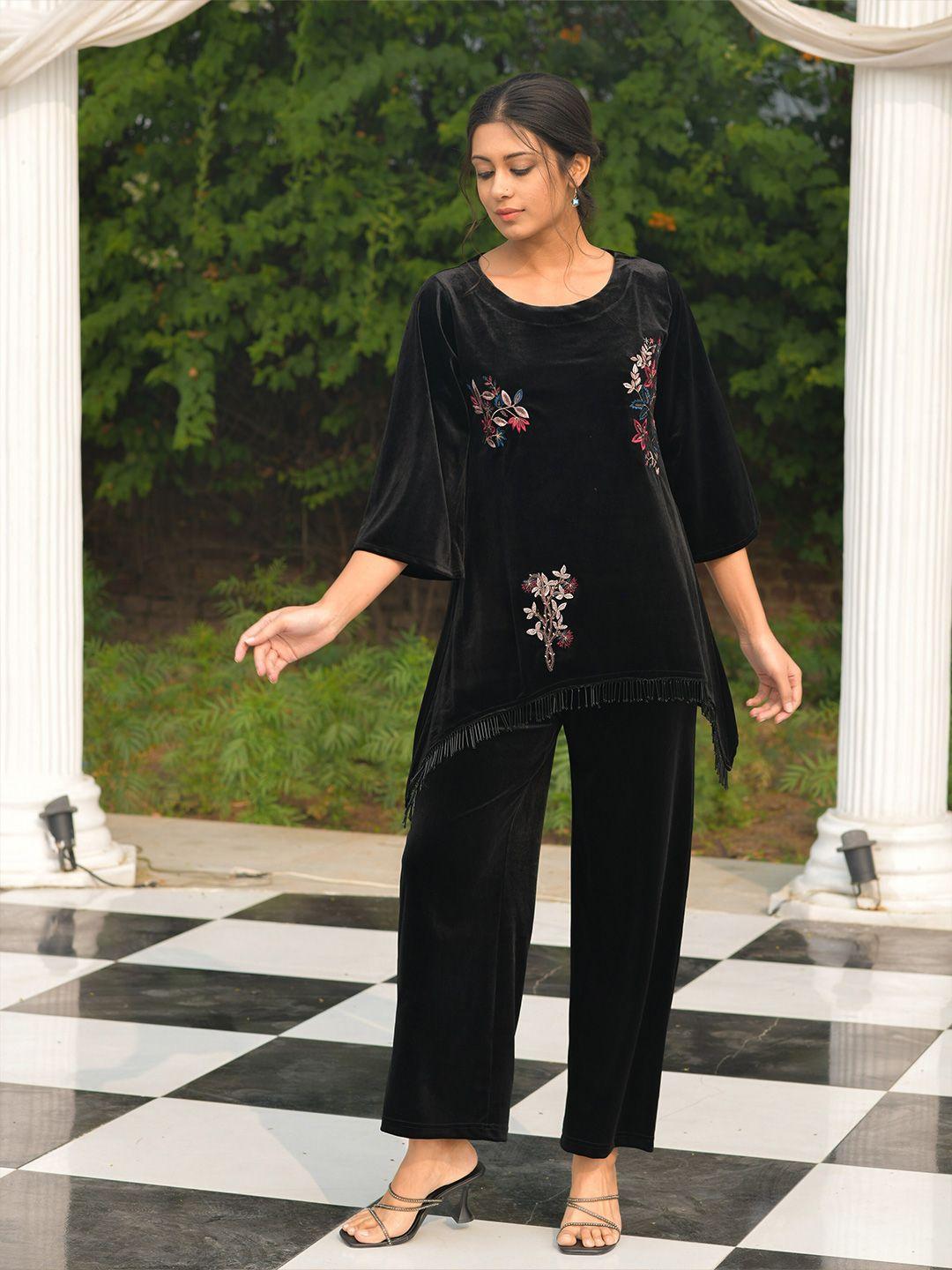 idhu-floral-embroidered-flared-sleeves-thread-work-detailed-velvet-a-line-kurti