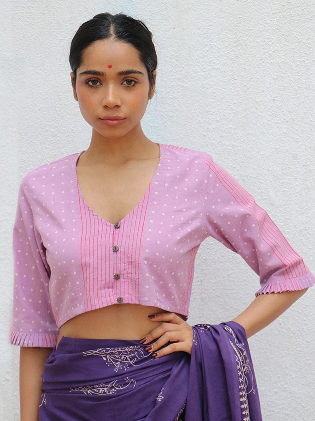 chidiyaa-polka-dots-handblock-printed-v-neck-cotton-saree-blouse