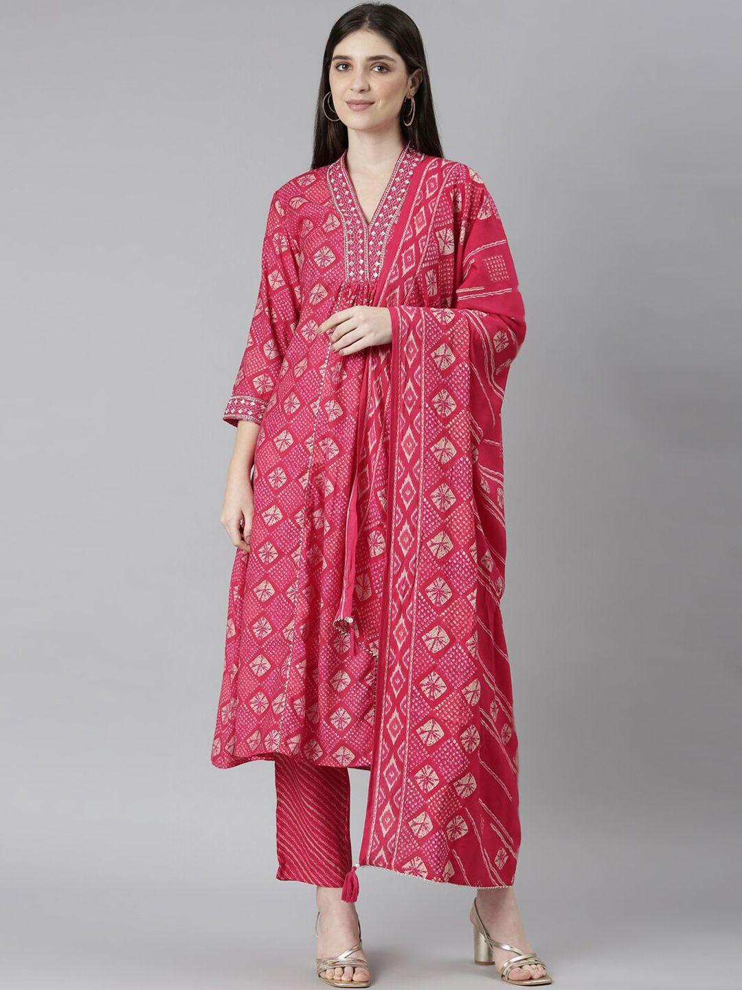 neerus-ethnic-motifs-printed-v-neck-thread-work-a-line-kurta-&-trousers-with-dupatta