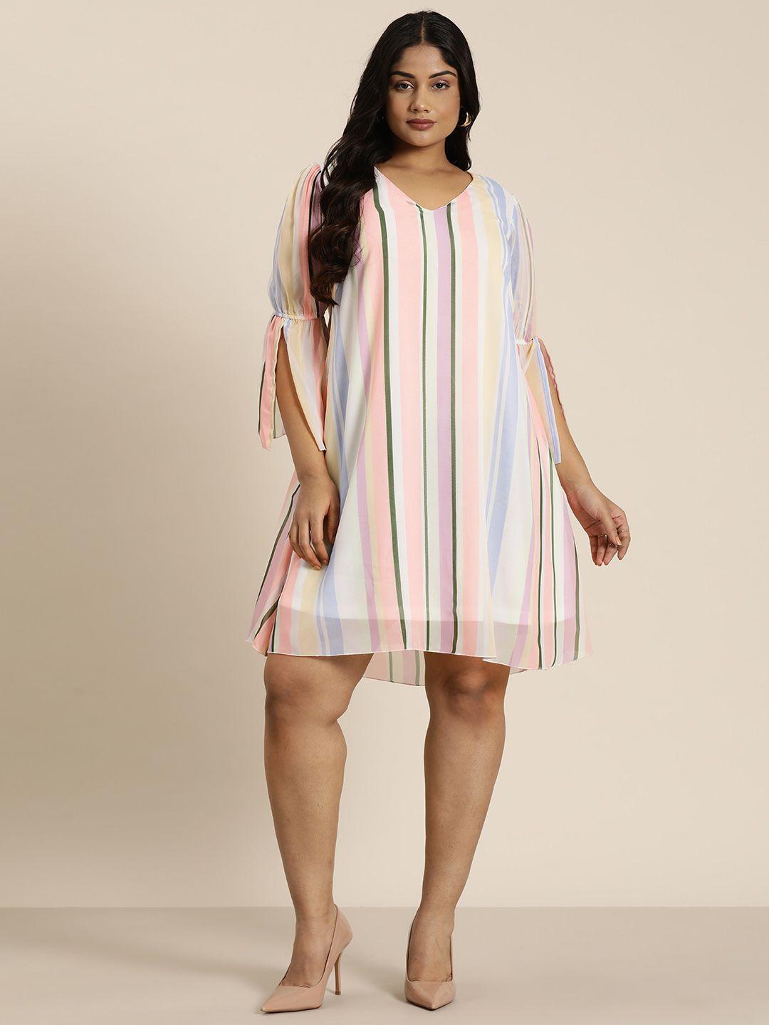 qurvii+-plus-size-striped-slit-sleeve-georgette-a-line-dress