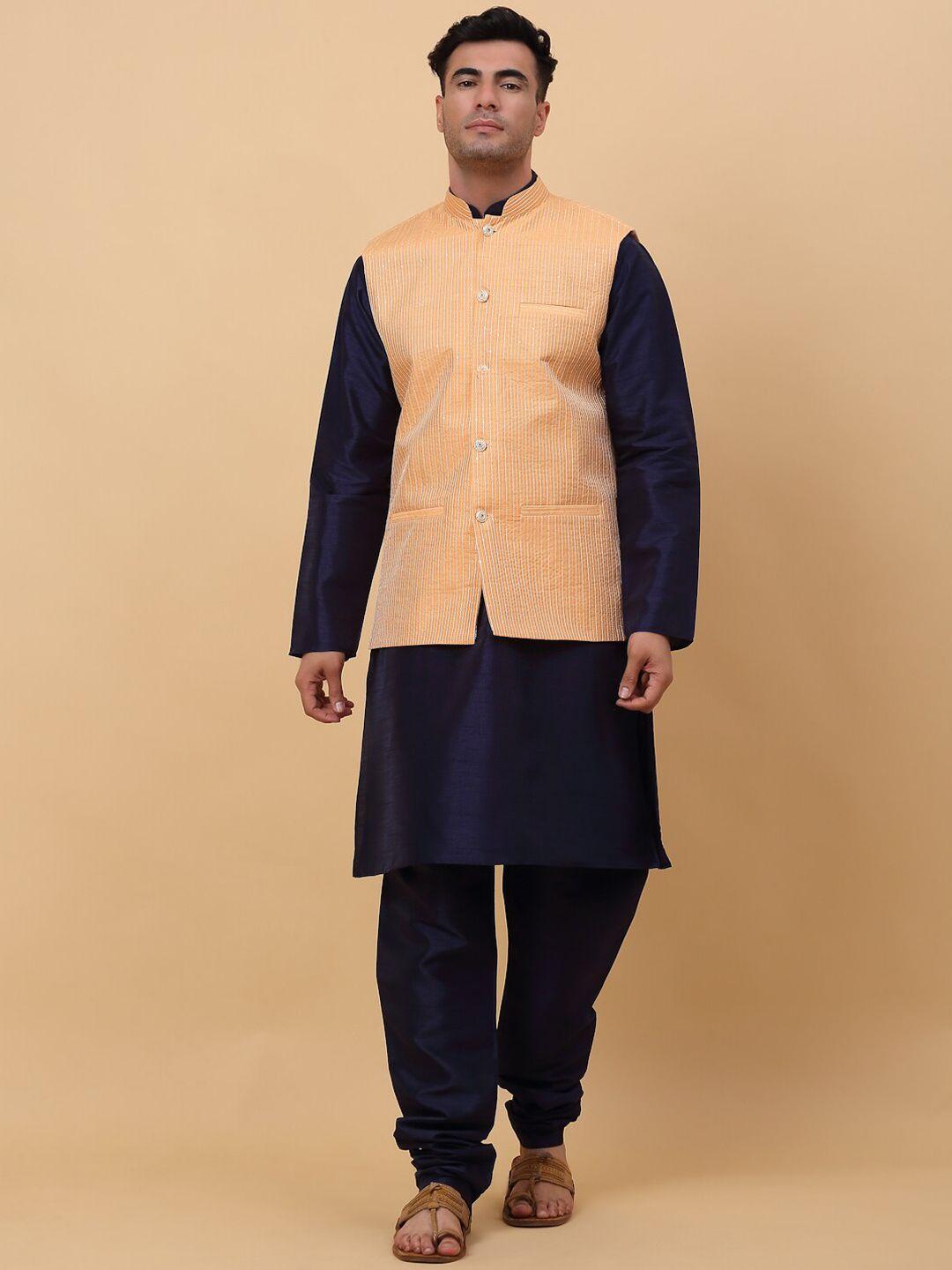 kraft-india-mandarin-collar-kurta-with-churidar-&-striped-sequinned-nehru-jacket
