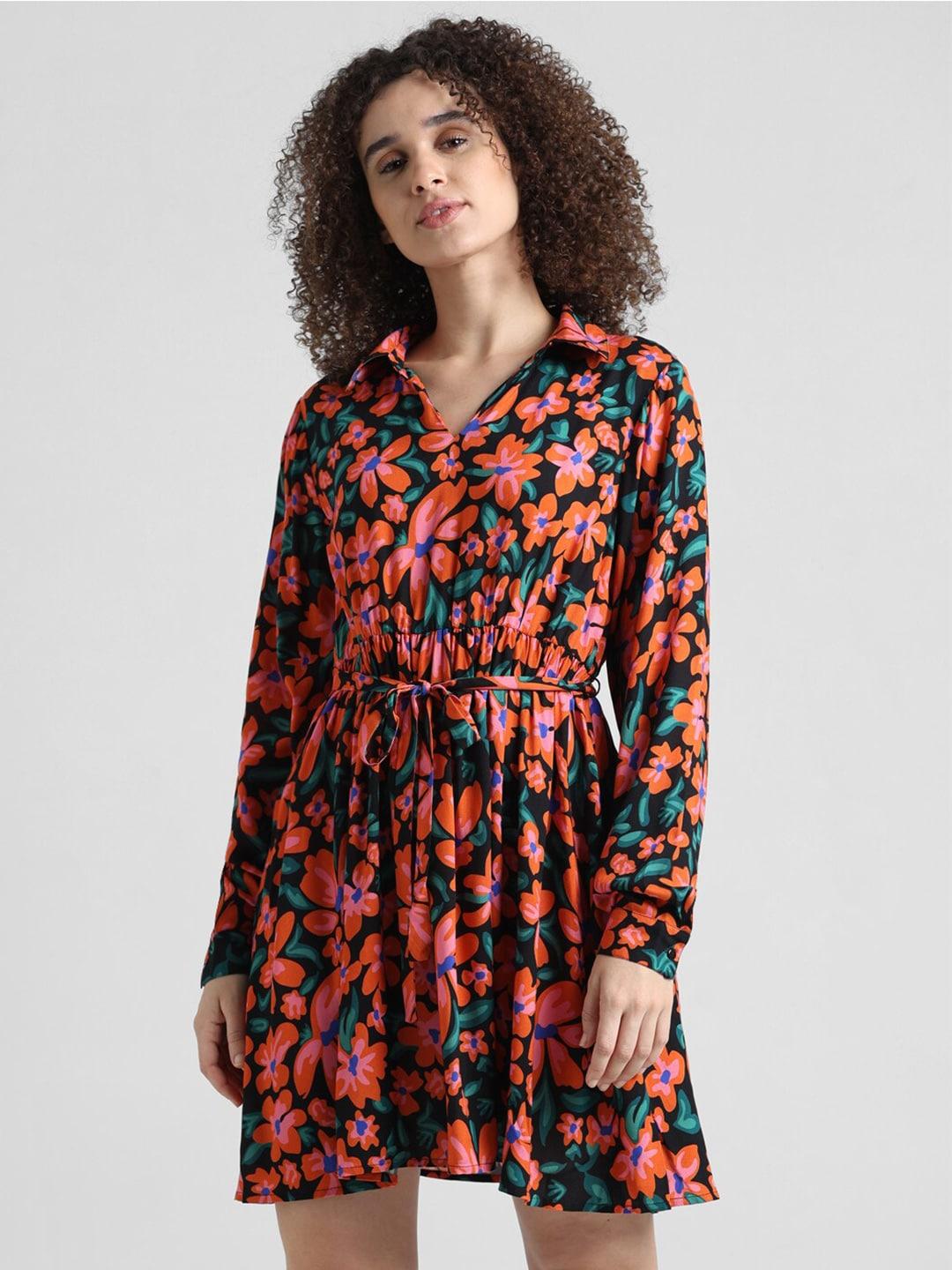 only-floral-printed-cuffed-sleeves-belted-shirt-dress
