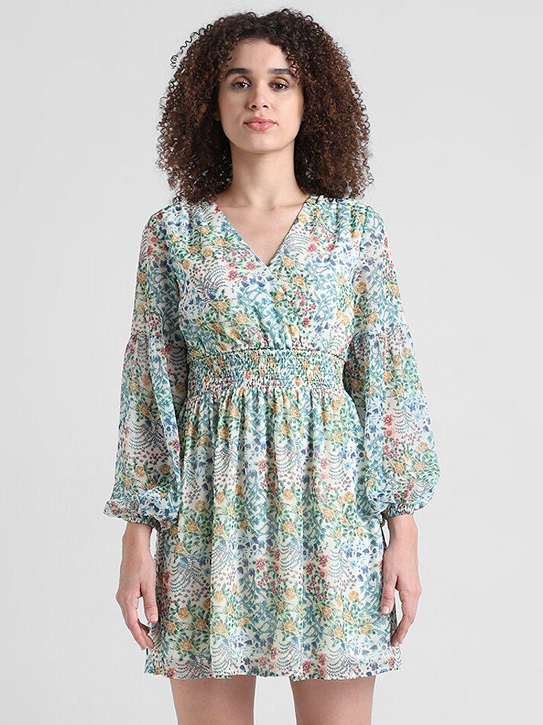 only-green-floral-print-puff-sleeve-chiffon-fit-&-flare-dress