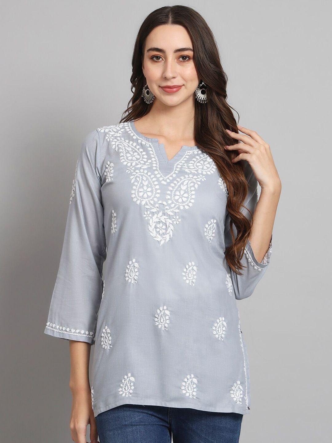 paramount-chikan-grey-&-white-ethnic-motifs-embroidered-chikankari-chikankari-kurti