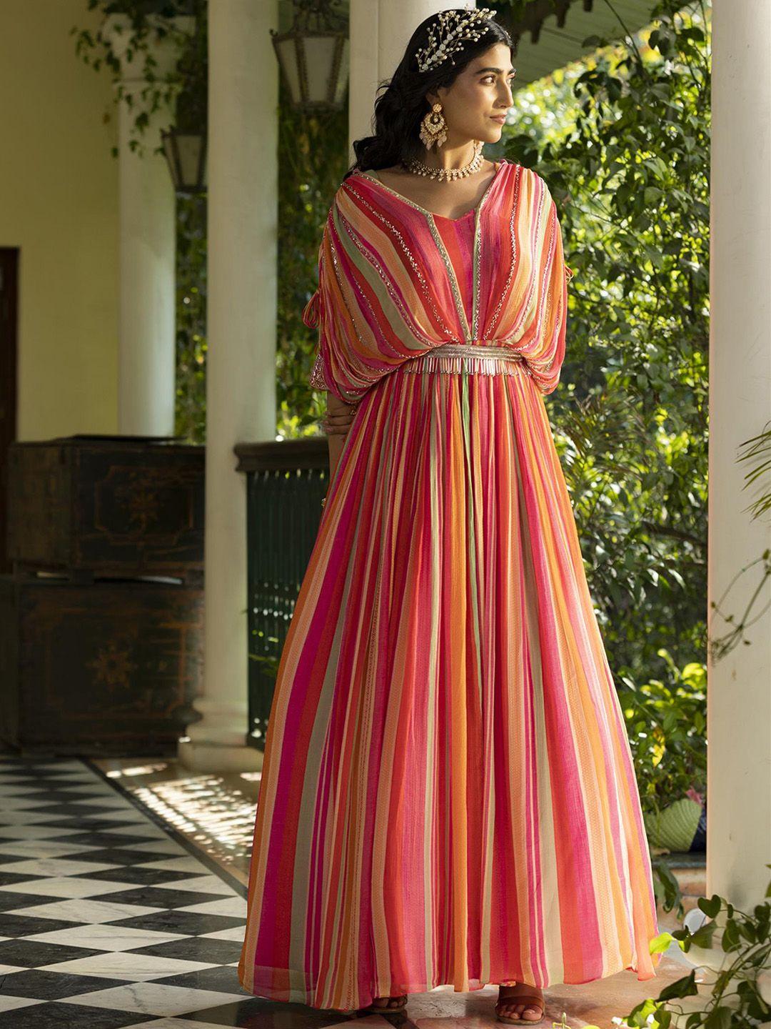 scakhi-candy-striped-maxi-length-gown-ethnic-dress-with-belt-and-attached-cape