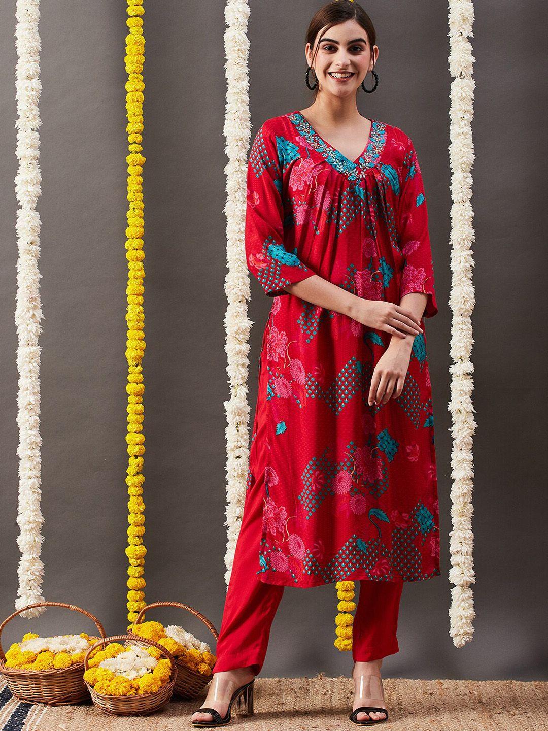 fashor-floral-printed-v-neck-beads-and-stones-straight-kurta-with-trousers