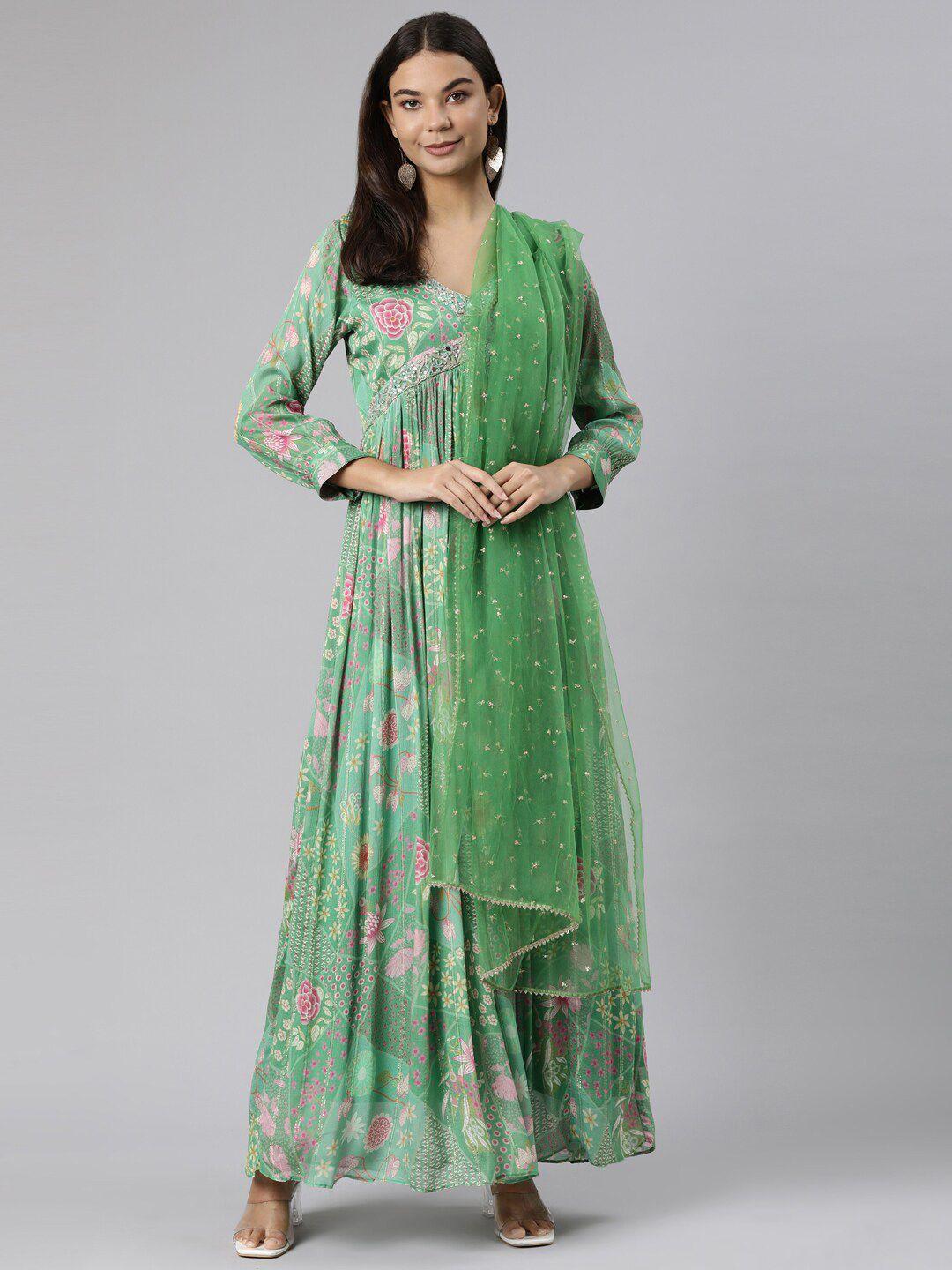 neerus-floral-printed-v-neck-embellished-cotton-empire-maxi-ethnic-dress-with-dupatta
