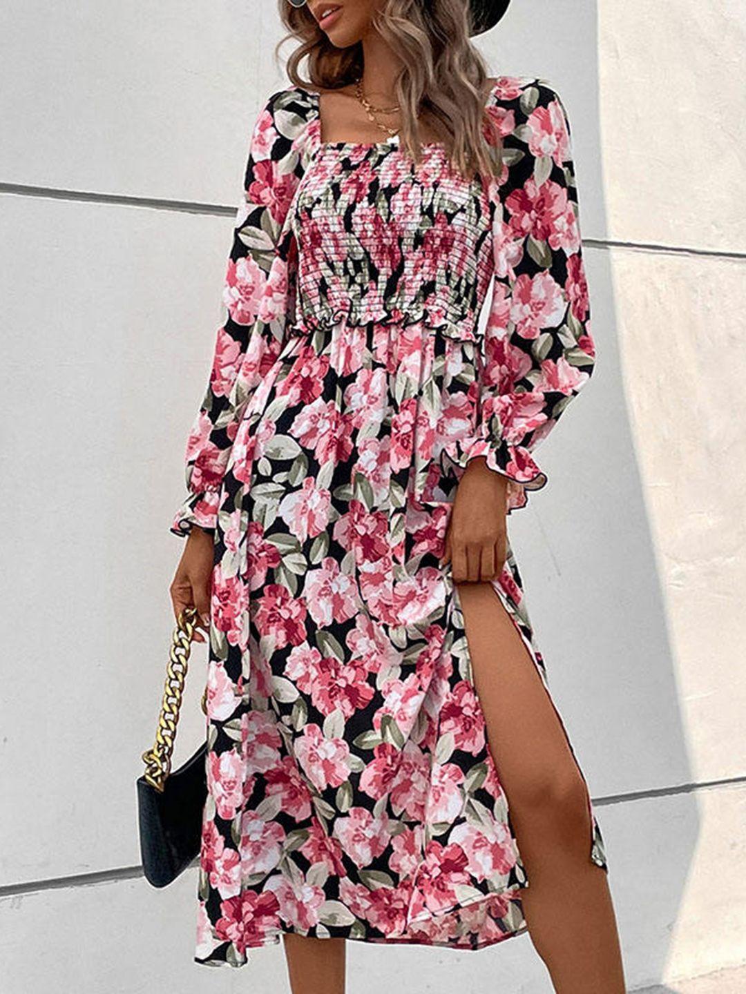 stylecast-pink-floral-print-smocked-puff-sleeve-fit-&-flare-midi-dress