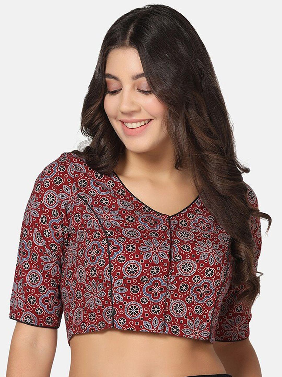 the-weave-traveller-floral-handblock-printed-v-neck-cotton-saree-blouse