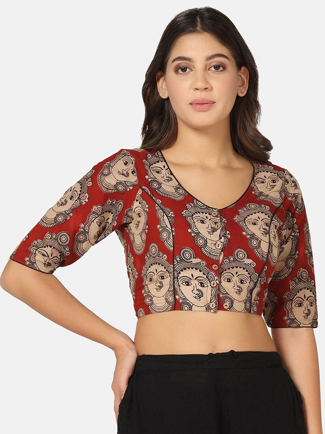 the-weave-traveller-kalamkari-printed-v-neck-cotton-saree-blouse
