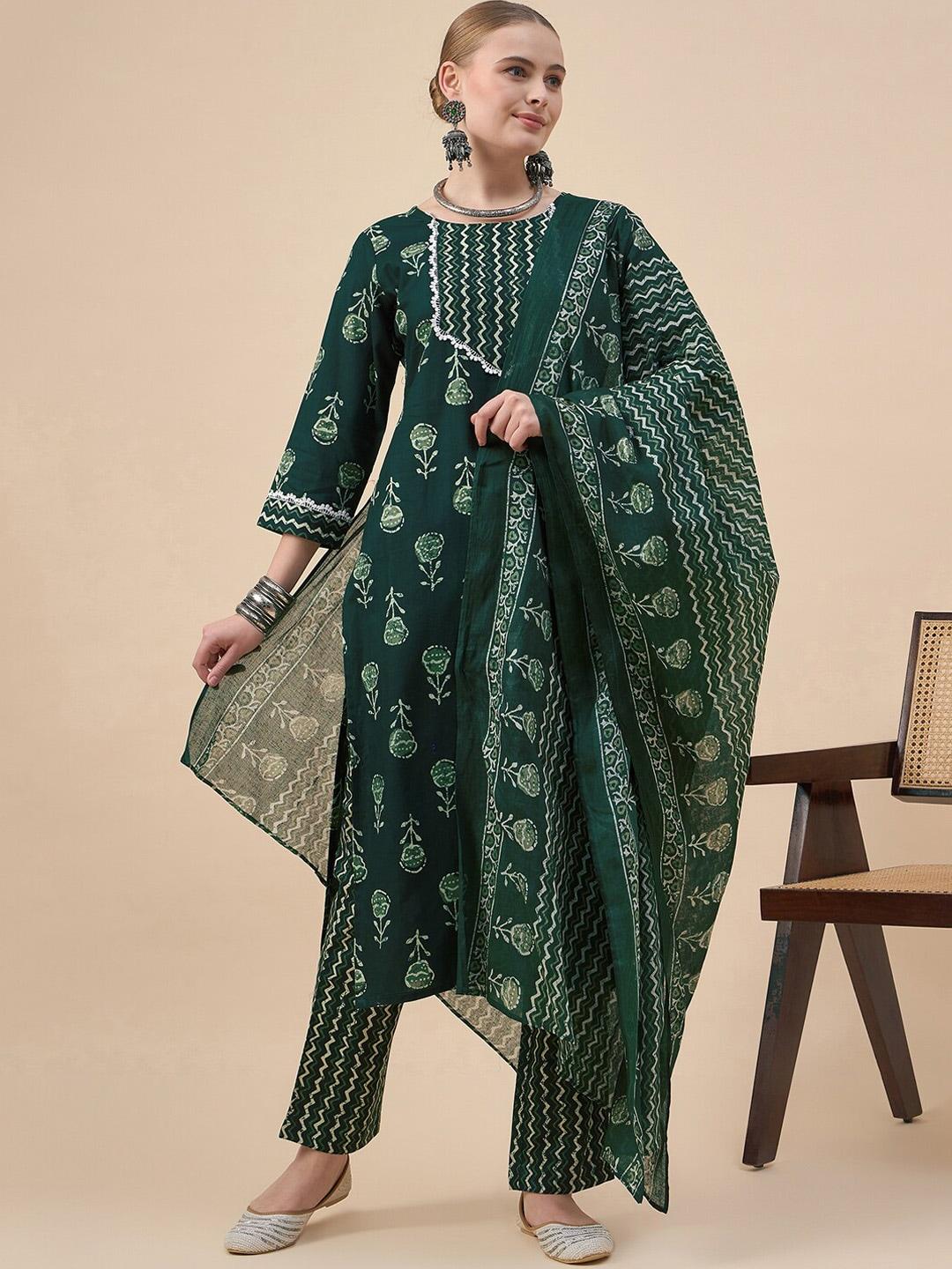 black-scissor-women-green-printed-pure-cotton-kurta-with-trousers-&-with-dupatta