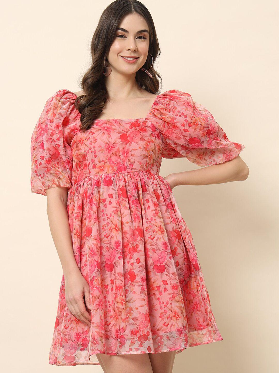 trend-arrest-pink-floral-print-puff-sleeve-fit-&-flare-dress