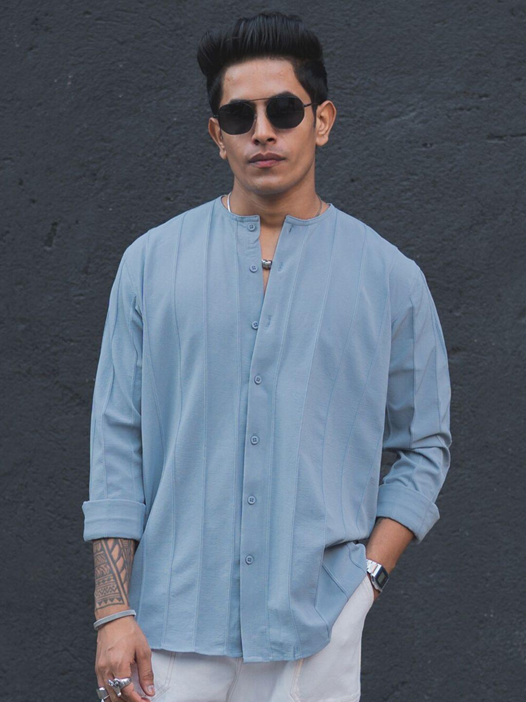 powerlook-grey-structured-mandarin-collar-opaque-striped-casual-shirt