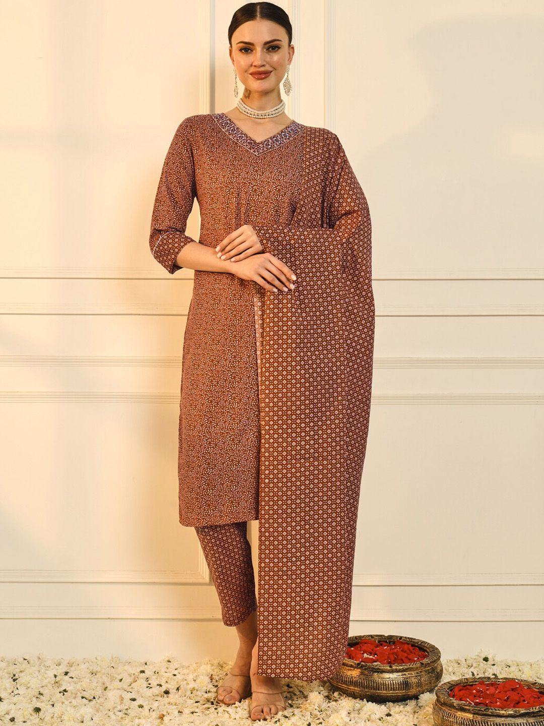 heeposh-women-brown-printed-regular-mirror-work-kurta-with-trousers-&-with-dupatta