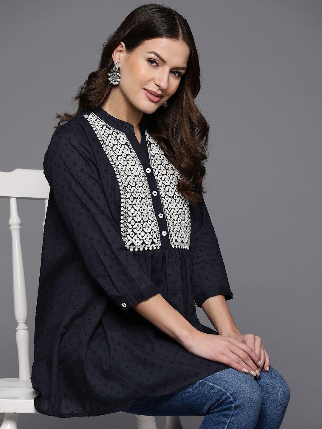 indo-era-navy-embellished-embroidered-mandarin-collar-cotton-longline-fusion-top