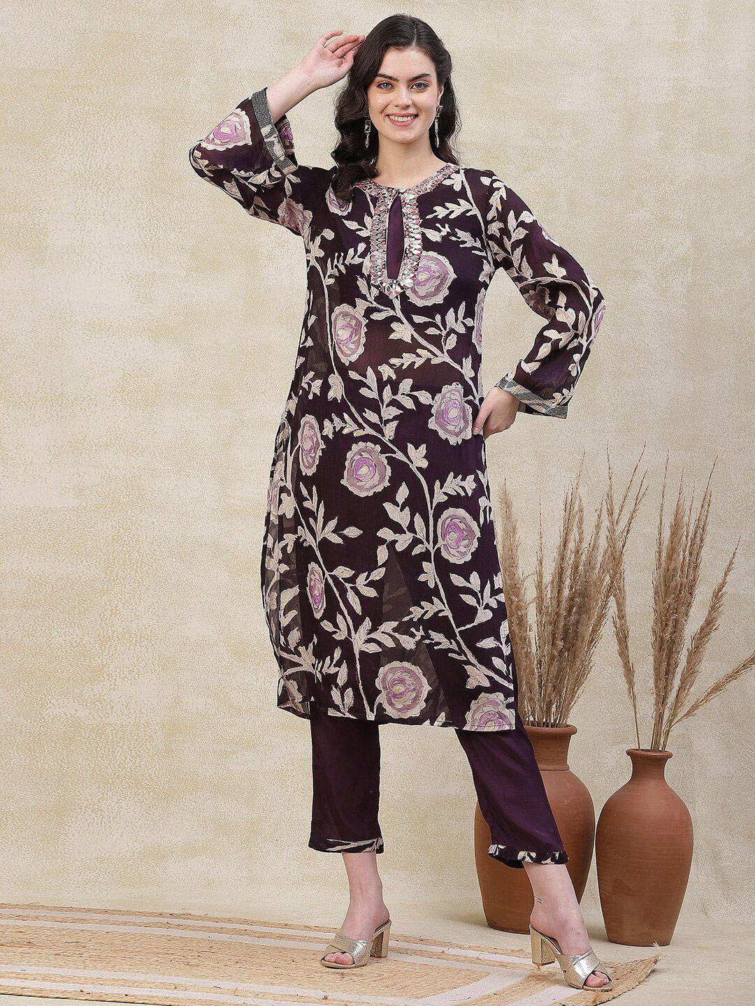 fashor-women-violet-floral-printed-regular-gotta-patti-kurta-with-trousers-&-with-dupatta