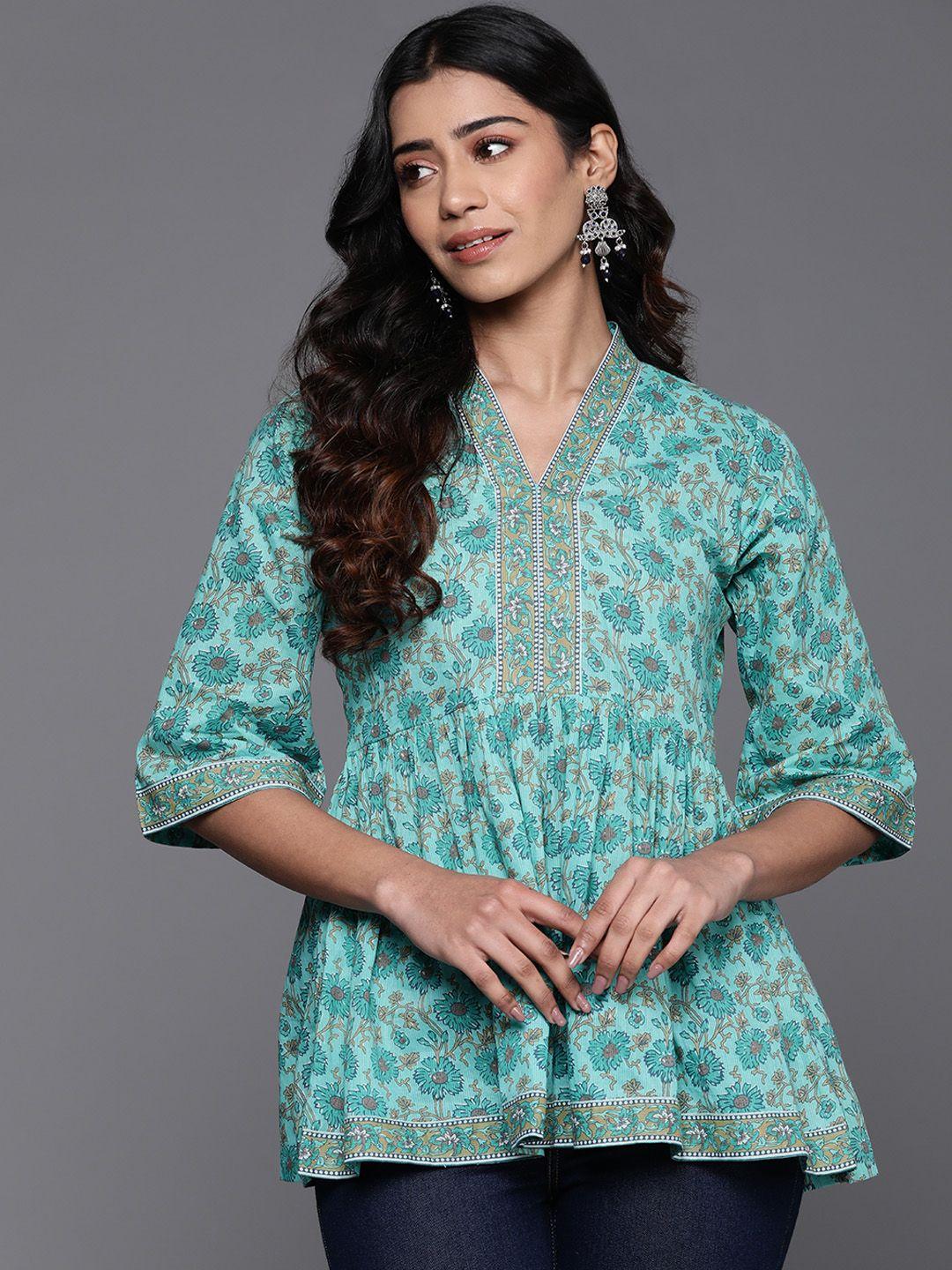 libas-floral-block-printed-v-neck-flared-sleeves-pure-cotton-pleated-a-line-kurti