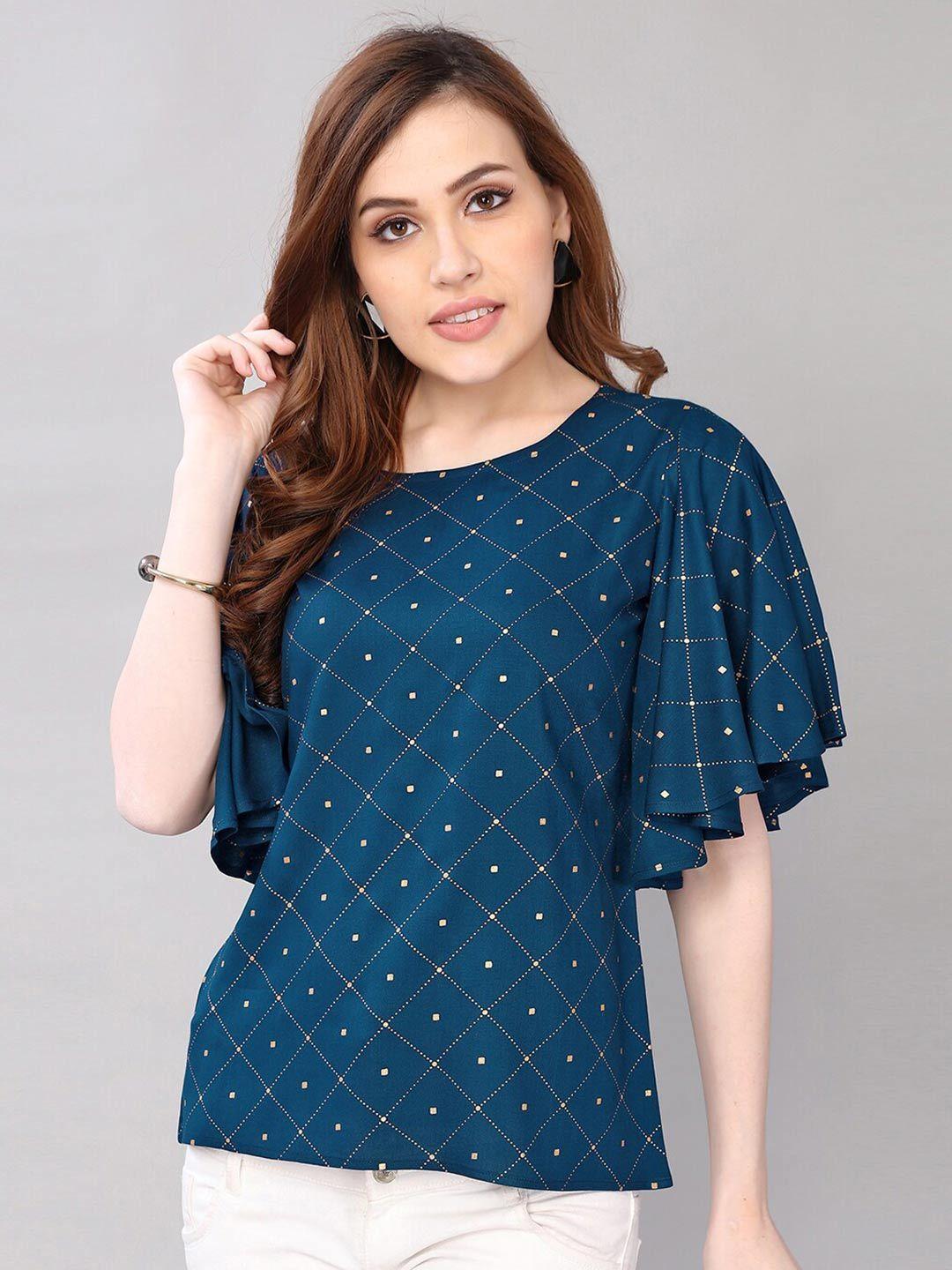selvia-round-neck-checked-short-flared-sleeve-top