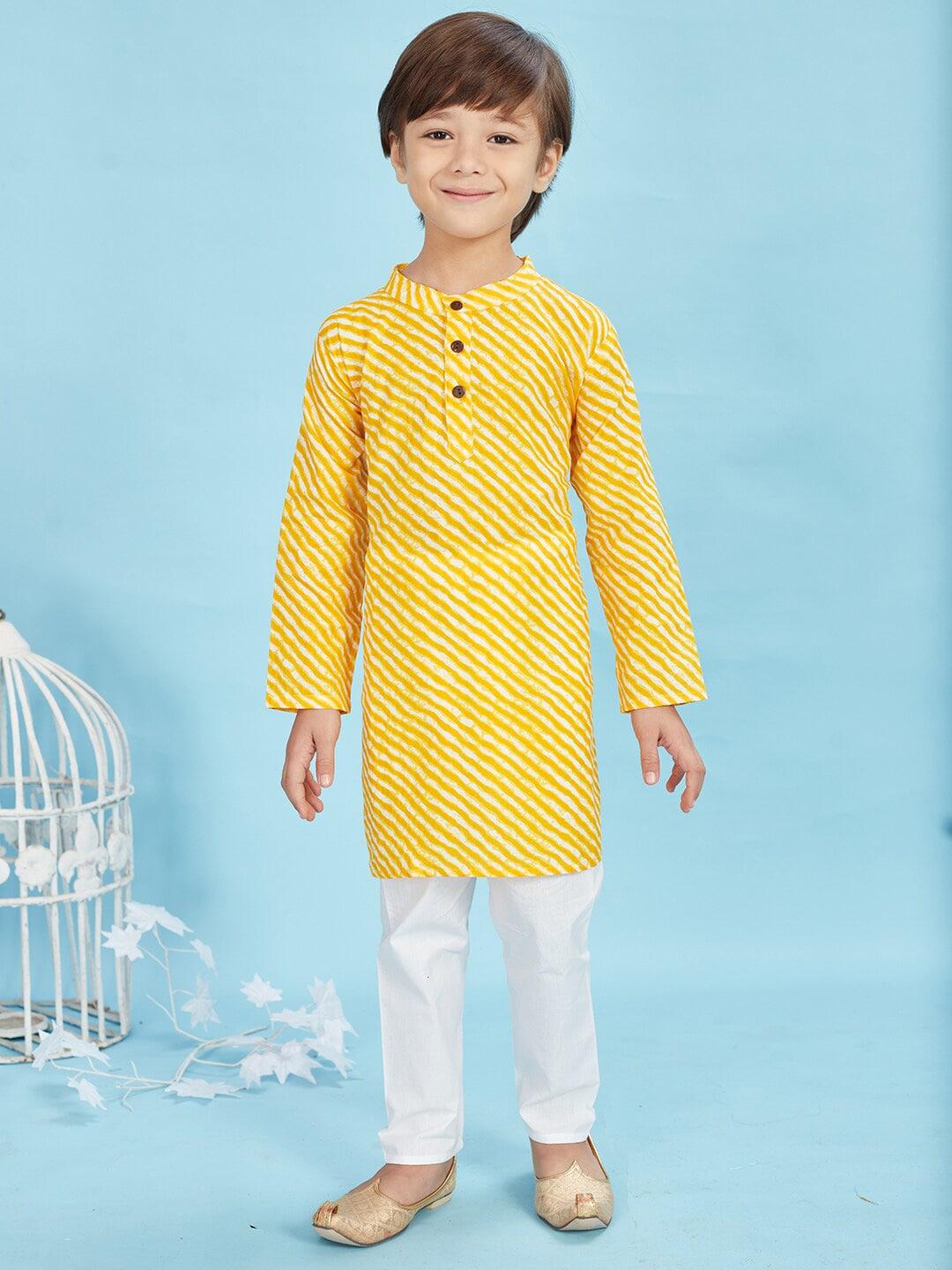 maaikid-boys-mustard-yellow-leheriya-printed-regular-pure-cotton-kurta-with-pyjamas