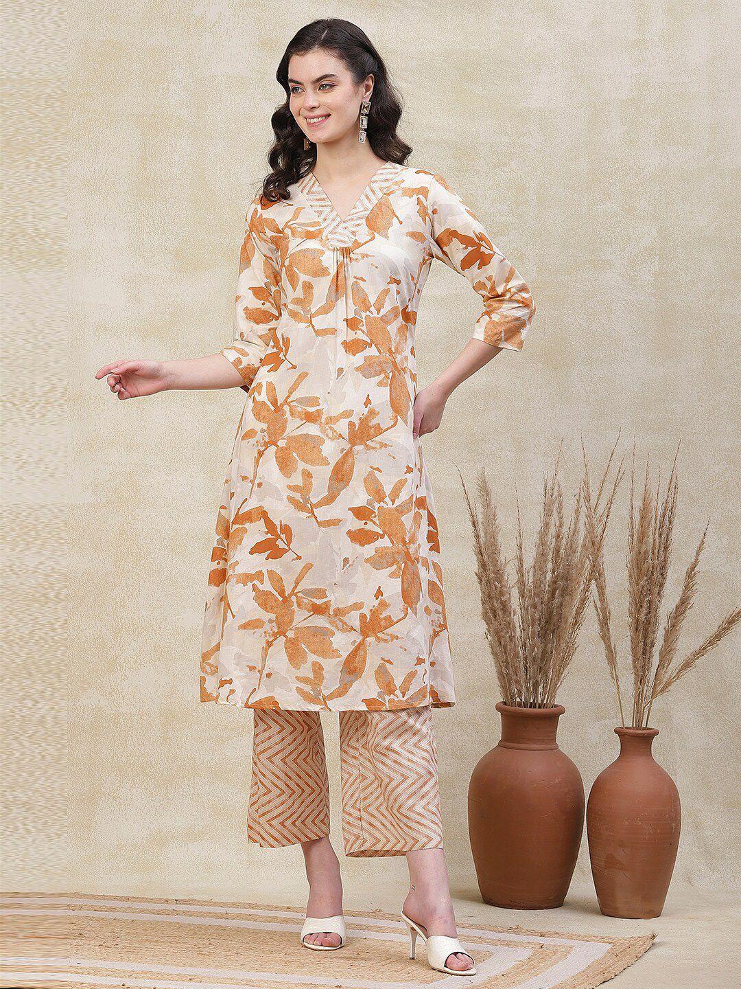 fashor-cream-floral-printed-pleated-cotton-a-line-kurta-with-palazzos