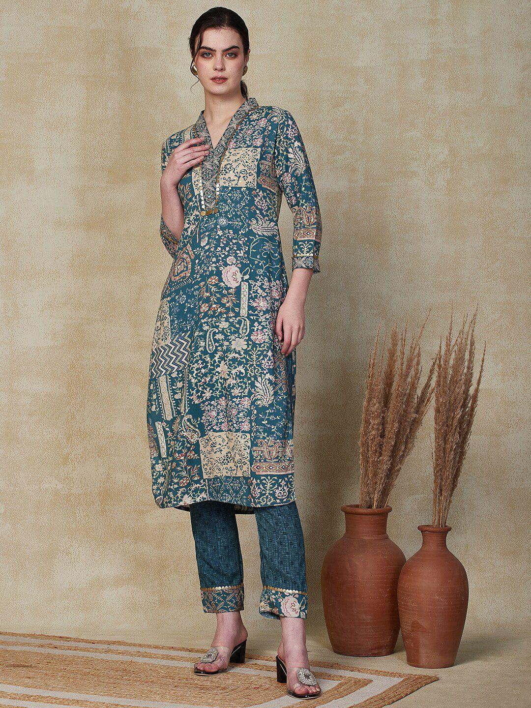 fashor--ethnic-motifs-printed-v-neck-straight-kurta-with-trousers