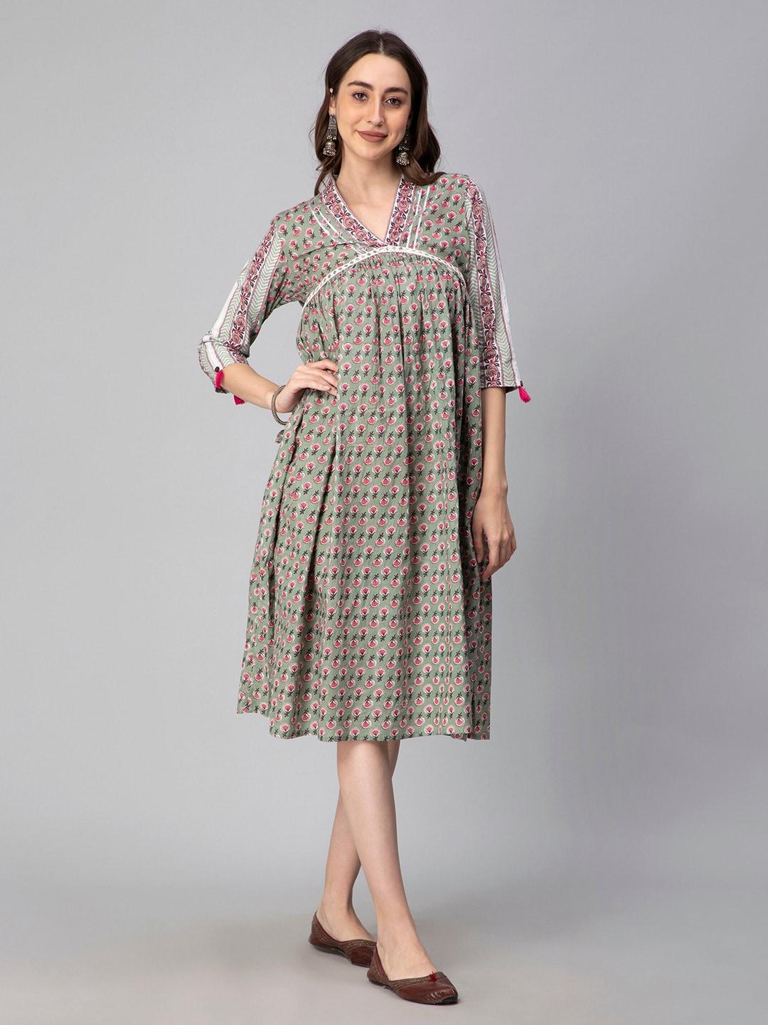kasya-floral-printed-v-neck-three-quarter-sleeves-a-line-dress