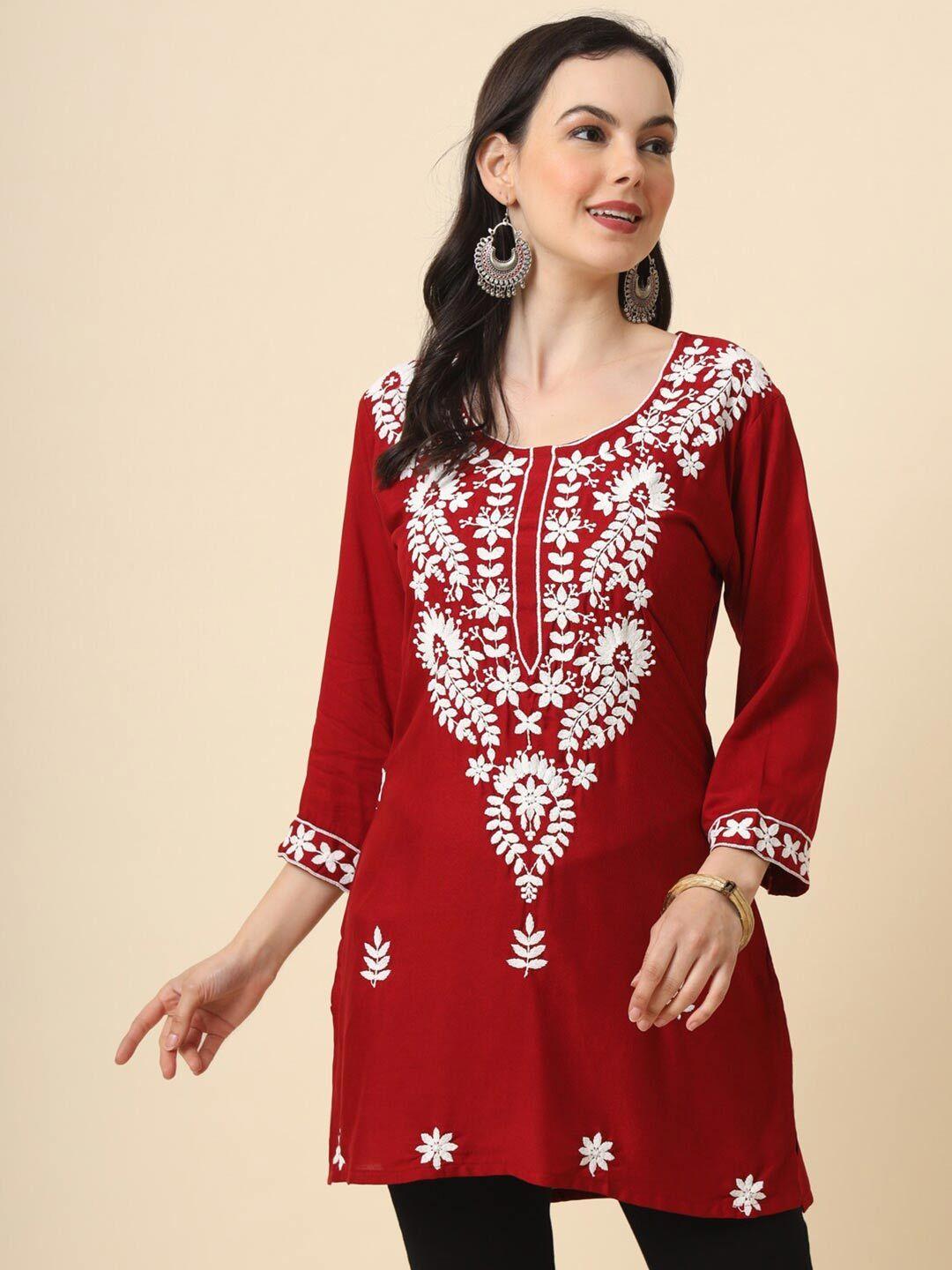 here&now-red-&-white-ethnic-motifs-embroidered-round-neck-straight-kurti