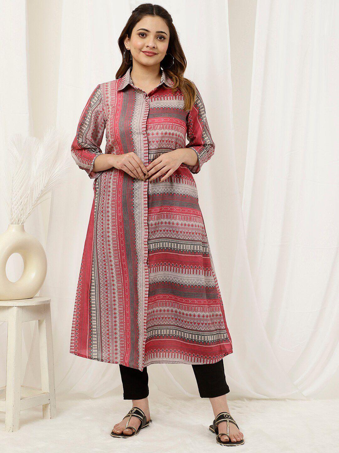 jaipur-kurti-geometric-printed-shirt-collar-roll-up-sleeves-thread-work-modal-kurta