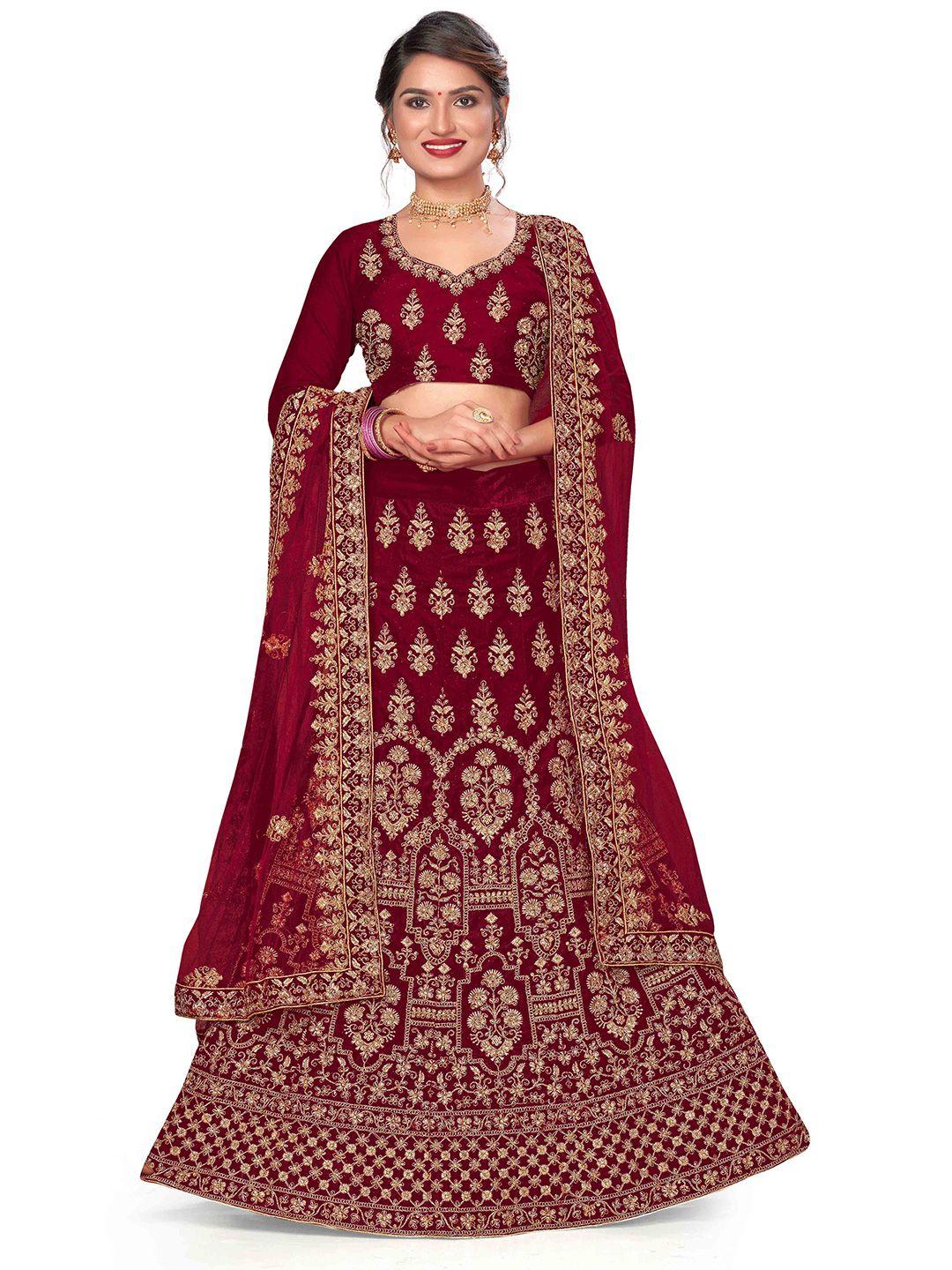 manvaa-maroon-&-gold-toned-embroidered-thread-work-semi-stitched-lehenga-&-unstitched-blouse-with-dupatta