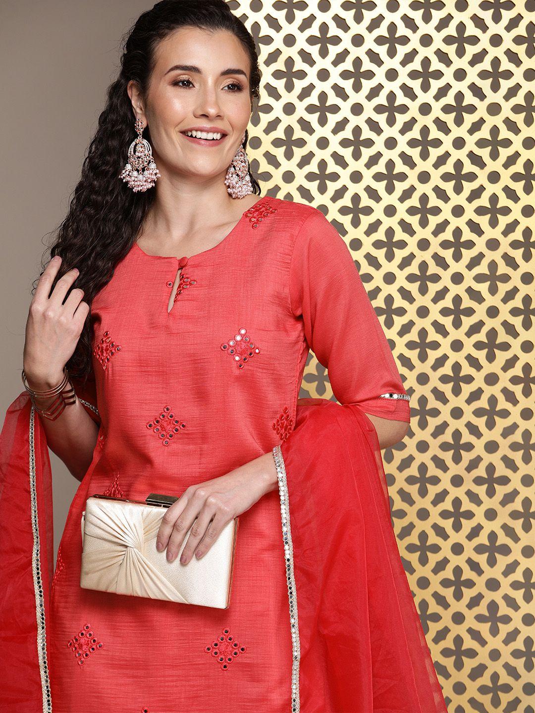 house-of-pataudi-women-embroidered-regular-mirror-work-kurta-with-trousers-&-with-dupatta