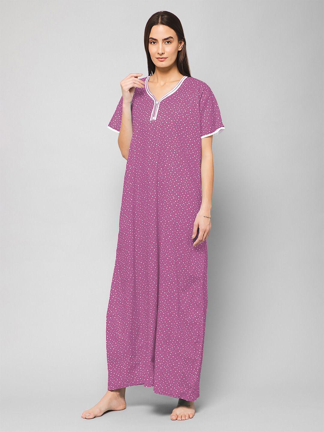 winza-designer-polka-dots-printed-v-neck-pure-cotton-maxi-nightdress