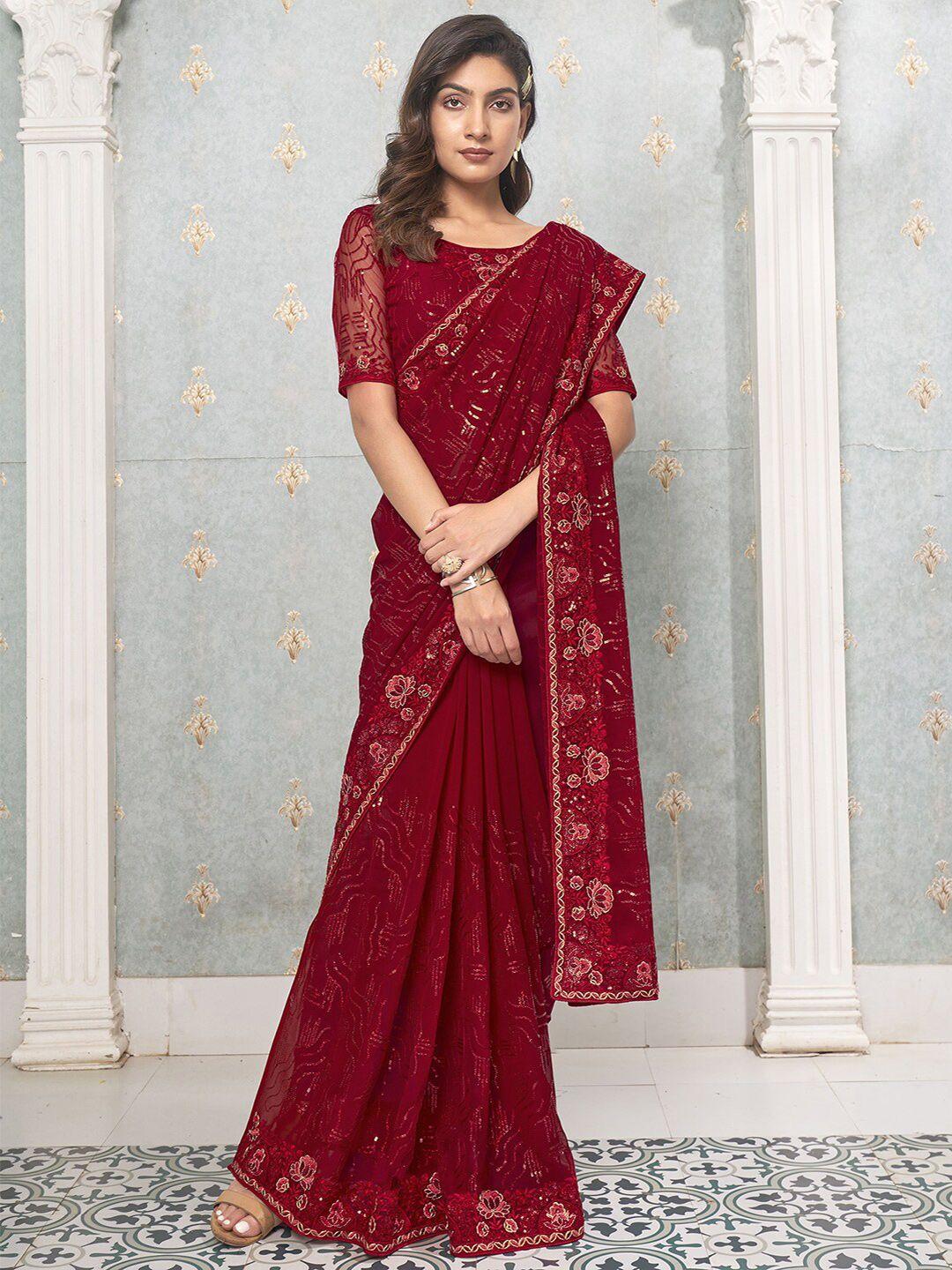 satrani-red-&-gold-toned-floral-sequinned-embroidered-saree