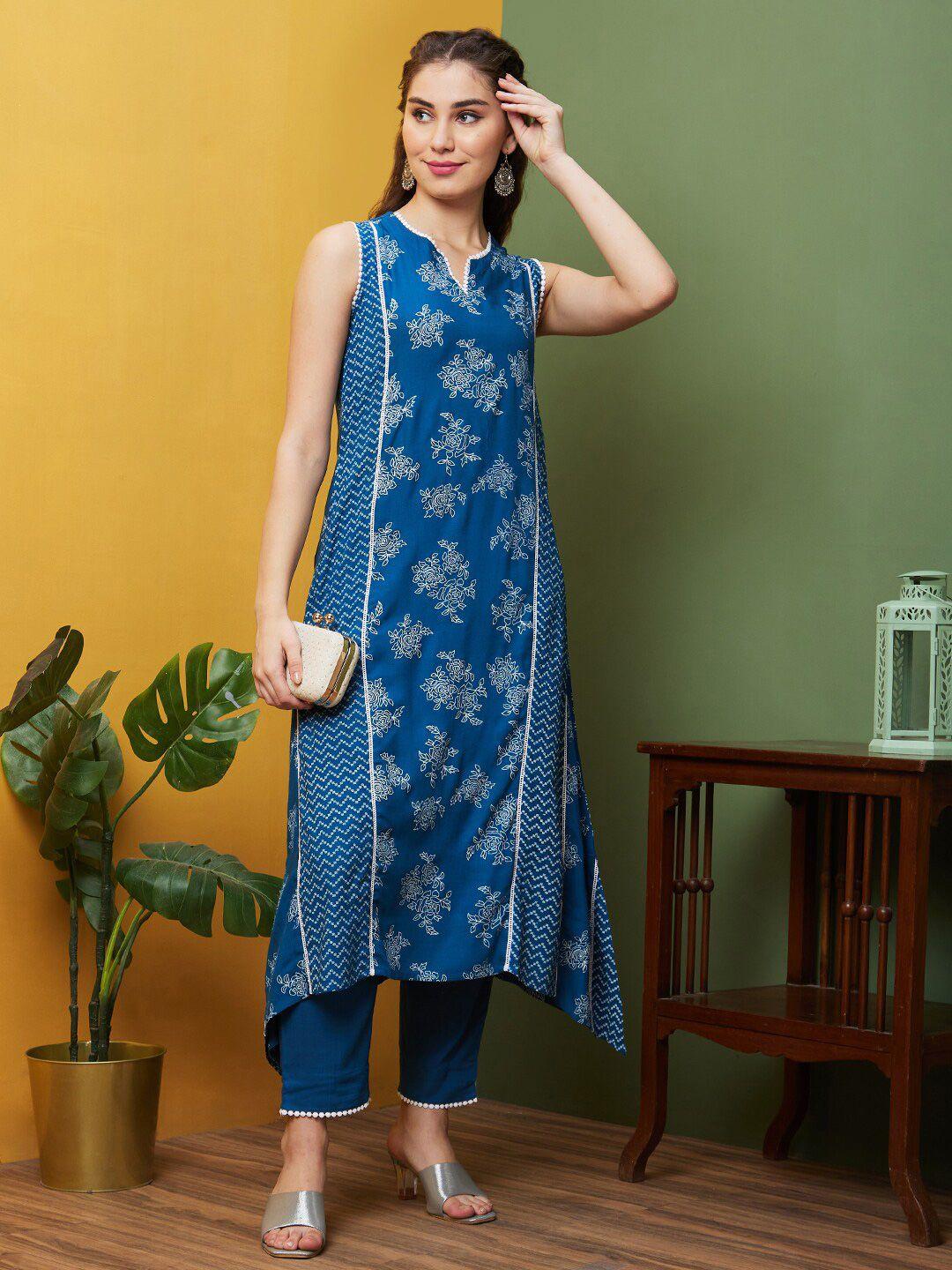 globus-blue-floral-printed-round-neck-panelled-asymmetric-kurta-with-trouser