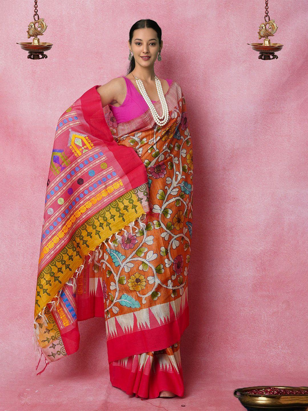 unnati-silks-kalamkari-printed-zari-pure-silk-handloom-tussar-saree