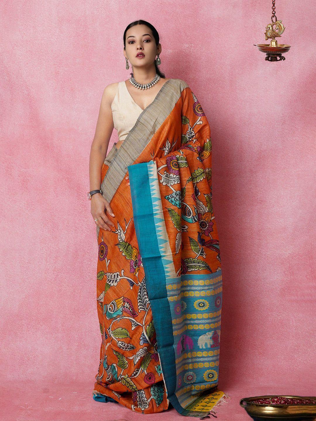 unnati-silks-kalamkari-printed-zari-pure-silk-handloom-tussar-saree