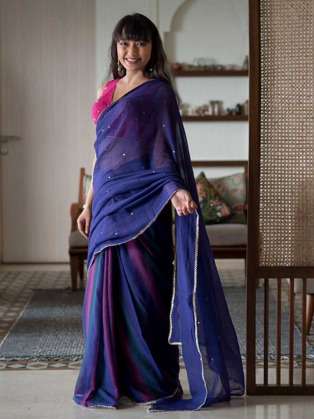 suta-blue-sequinned-embellished-pure-cotton-saree