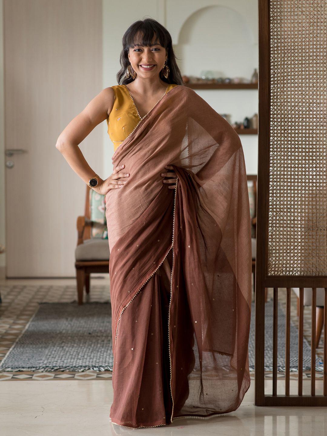 suta-brown-colourblocked-printed-sequinned-pure-cotton-saree