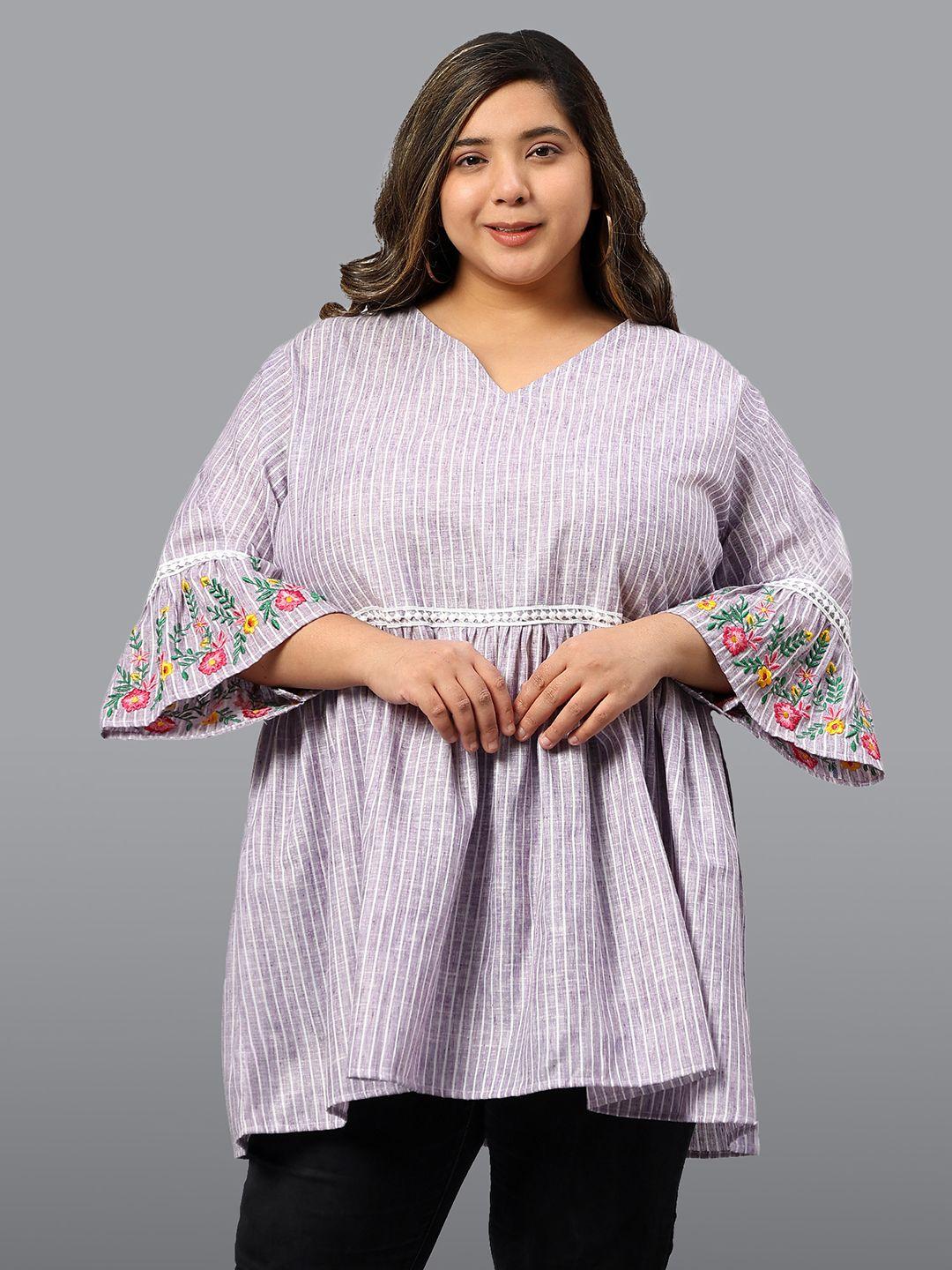 indietoga-plus-size-striped-thread-work-flared-sleeve-linen-longline-top