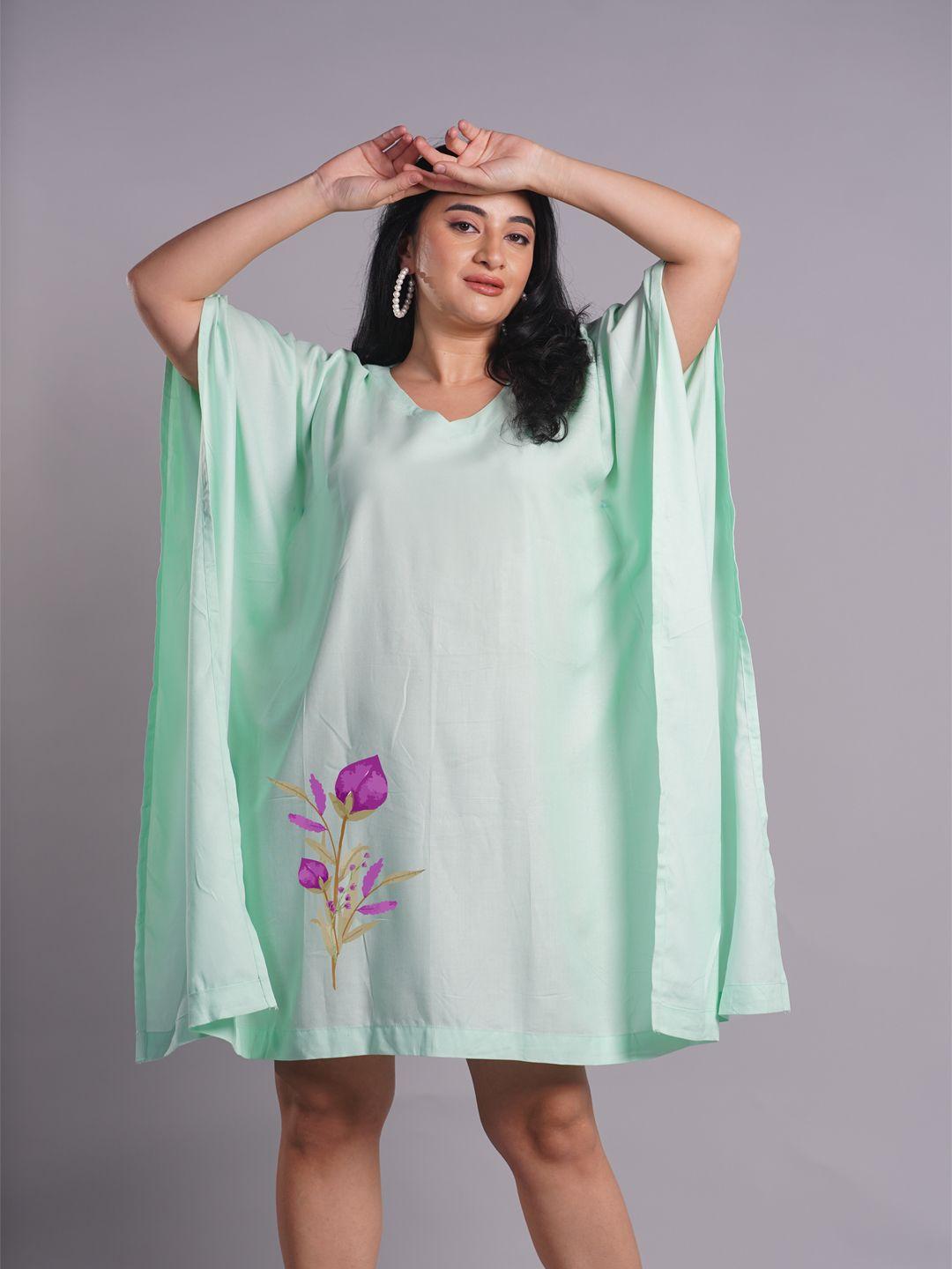 letsdressup-lime-green-floral-printed-v-neck-flared-sleeves-kaftan-kurti