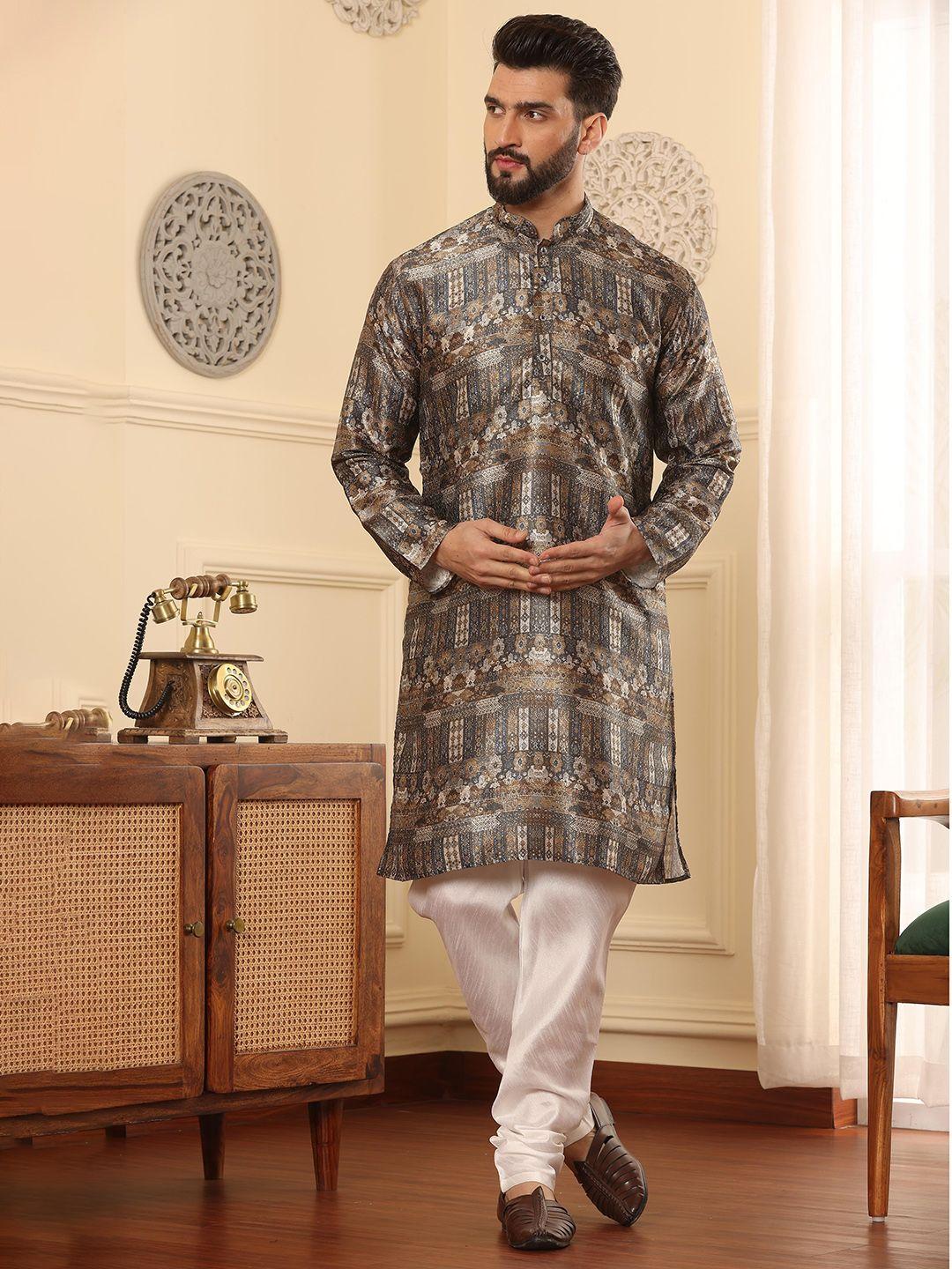 armaan-ethnic-ethnic-motifs-printed-mandarin-collar-regular-pure-silk-kurta-with-churidar