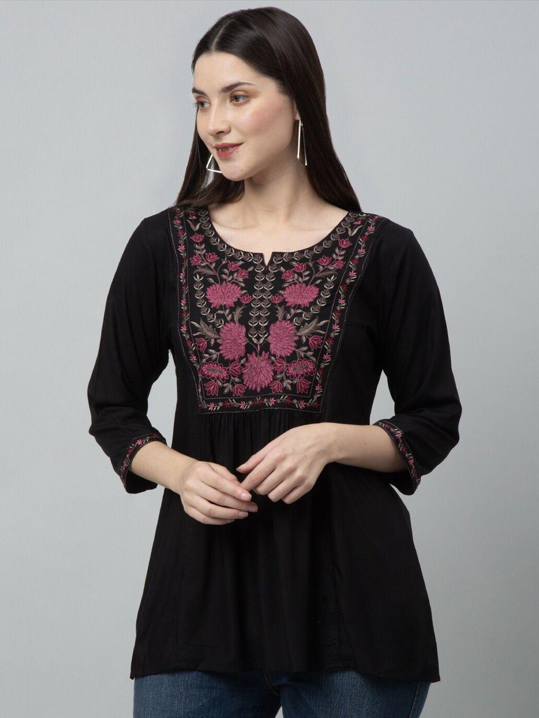 gracit-floral-embroidery-round-neck-three-quarter-flared-sleeves-top