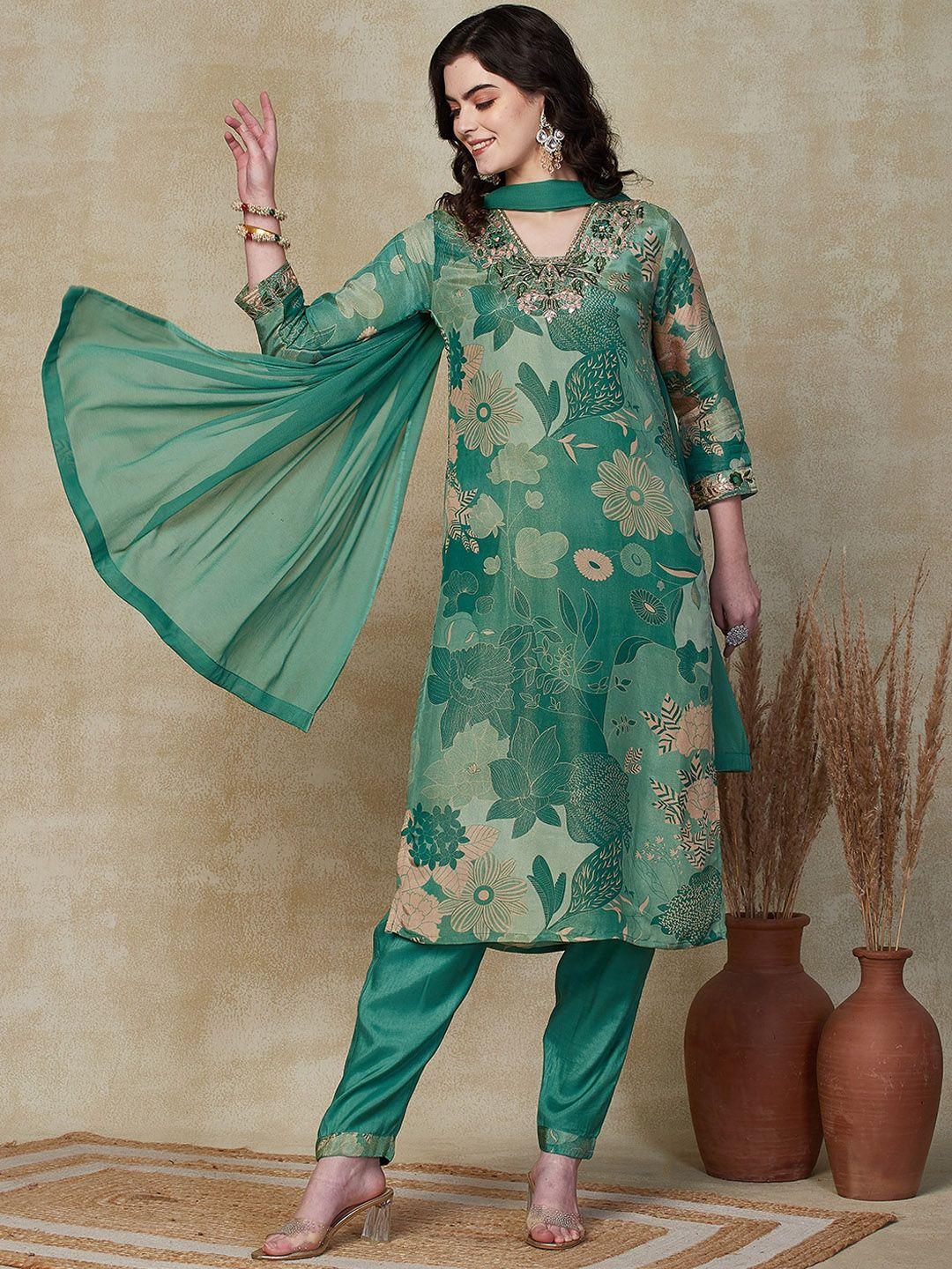 fashor-floral-printed-regular-mirror-work-kurta-with-trousers-&-dupatta