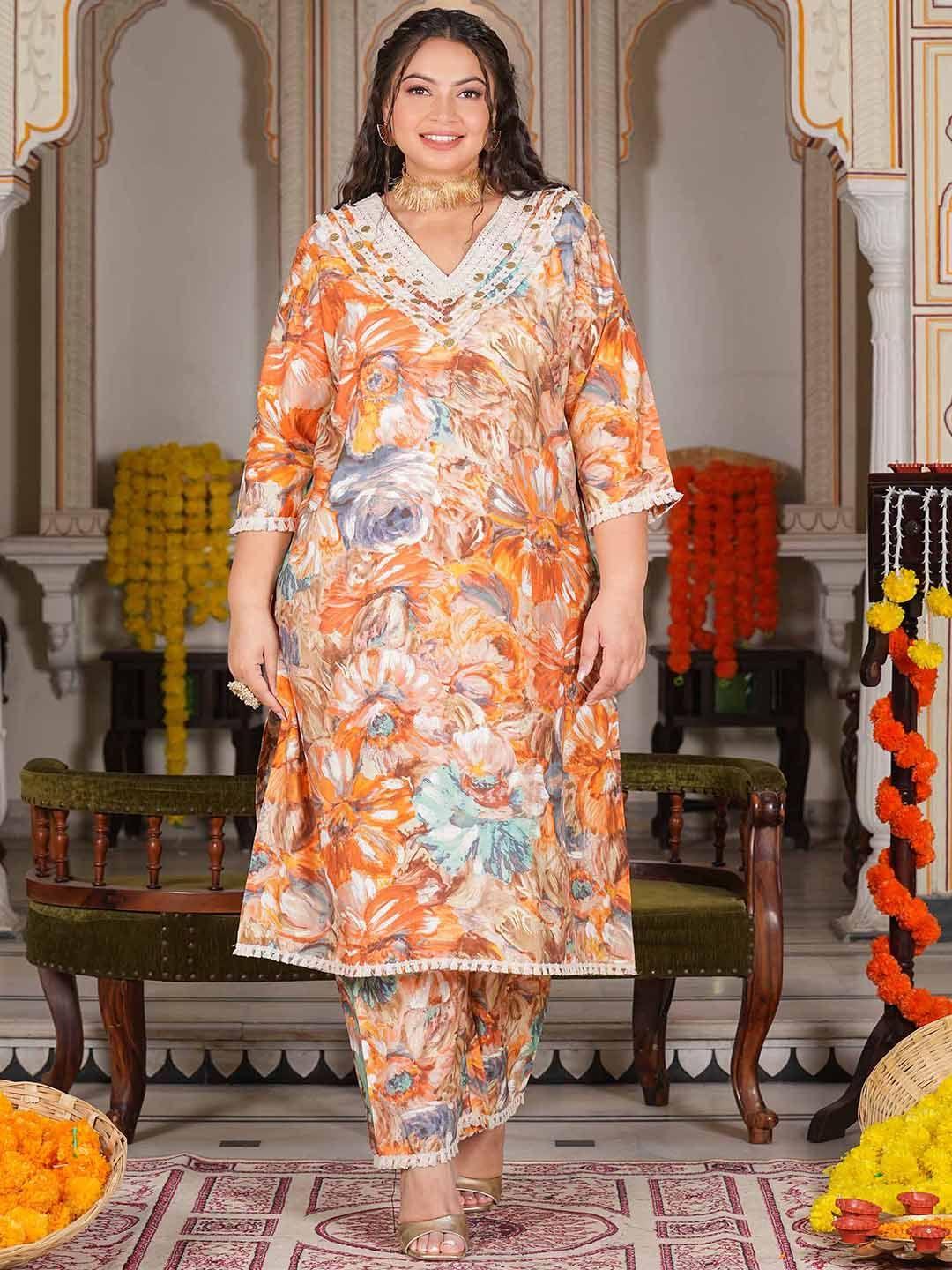 lali-jaipur-plus-size-floral-printed-v-neck-pure-cotton-straight-kurta-with-trousers