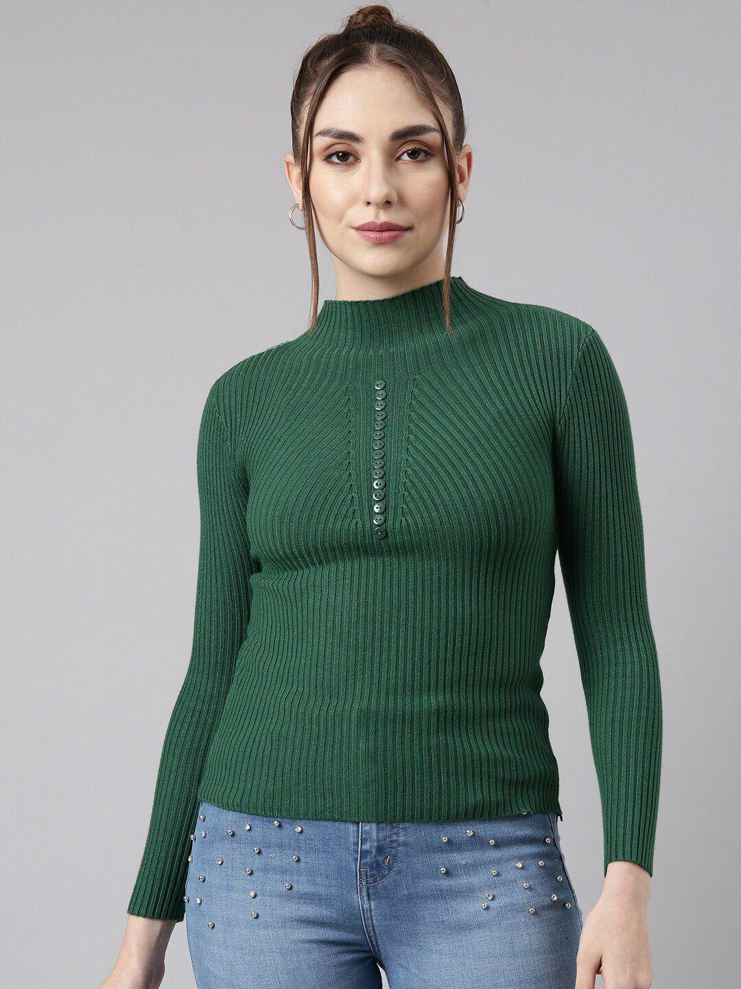 showoff-high-neck-long-sleeves-striped-fitted-top