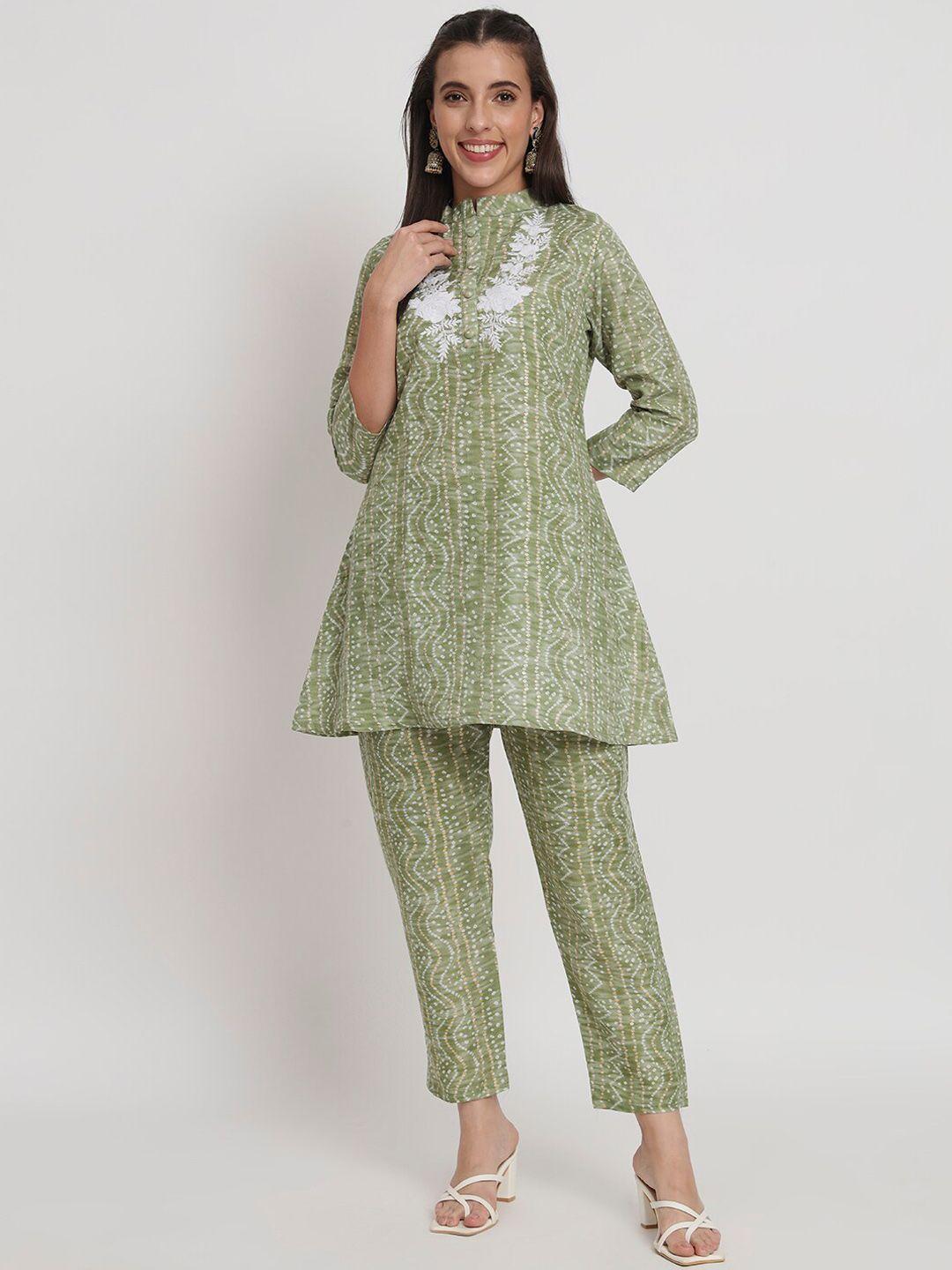 salwat-women-bandhani-embroidered-regular-thread-work-kurti-with-trousers