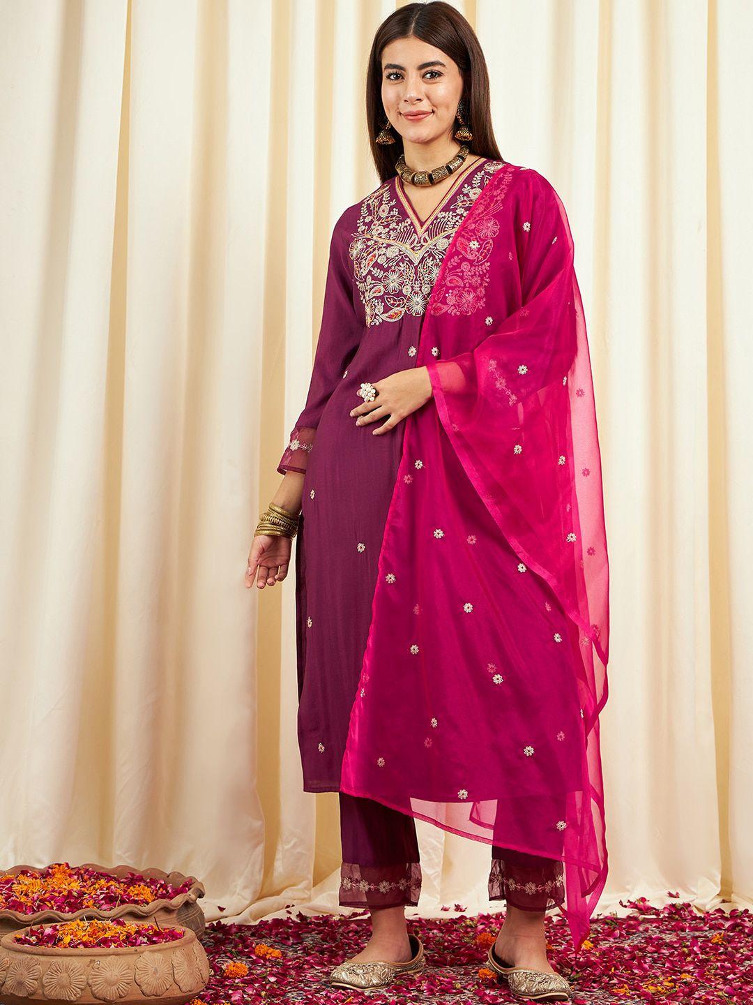 sangria-ethnic-motifs--embroidered-pure-silk-straight-kurta-&-trousers-with-dupatta