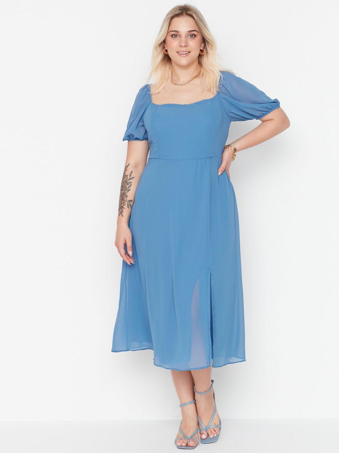 trendyol-plus-size-square-neck-cuffed-sleeves-fit-&-flare-midi-dress