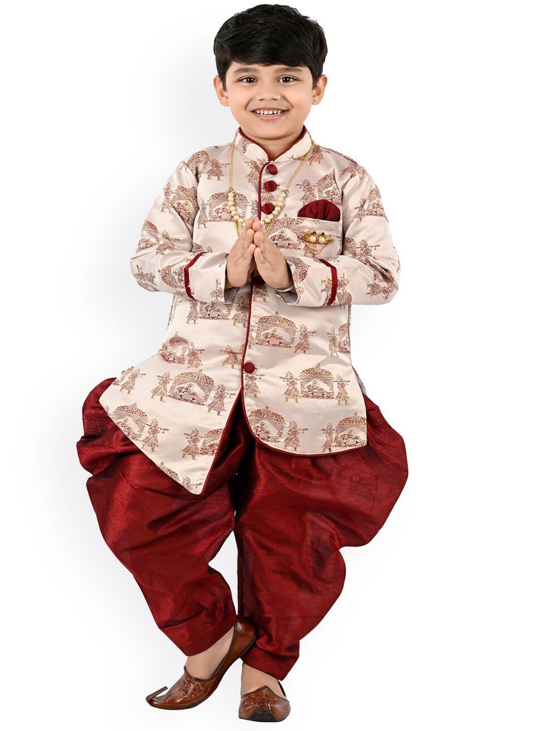baesd-boys-ethnic-motifs-printed-mandarin-collar-art-silk-a-line-kurta-with-dhoti-pant